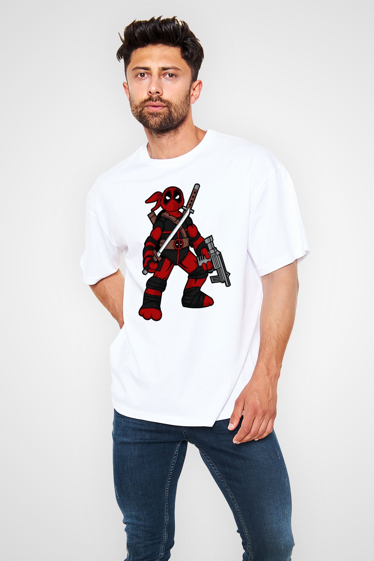 Ninja Deadpool Baskılı Beyaz Unisex Oversize Tişört