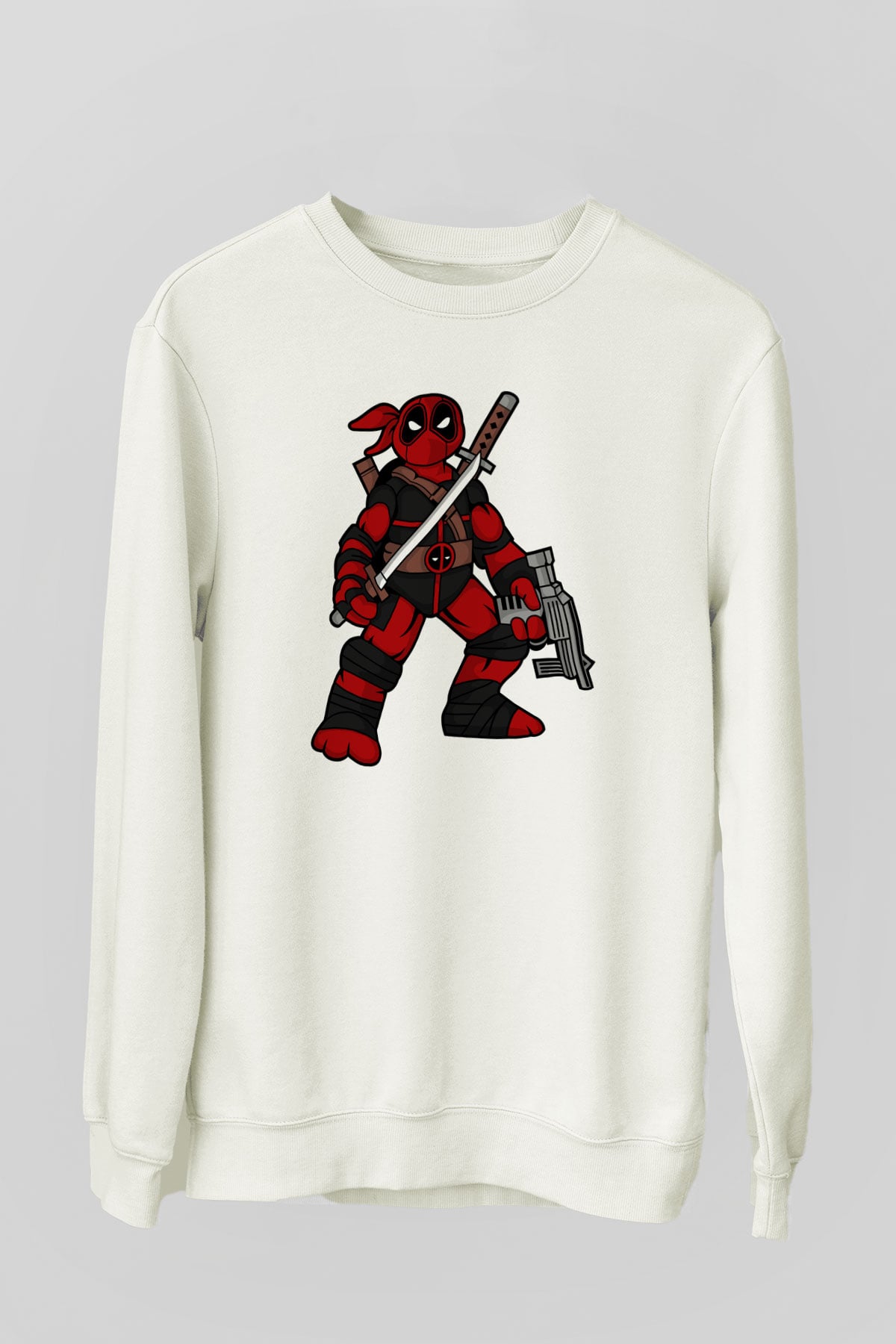 Ninja Deadpool Baskılı Beyaz Unisex Sweatshirt