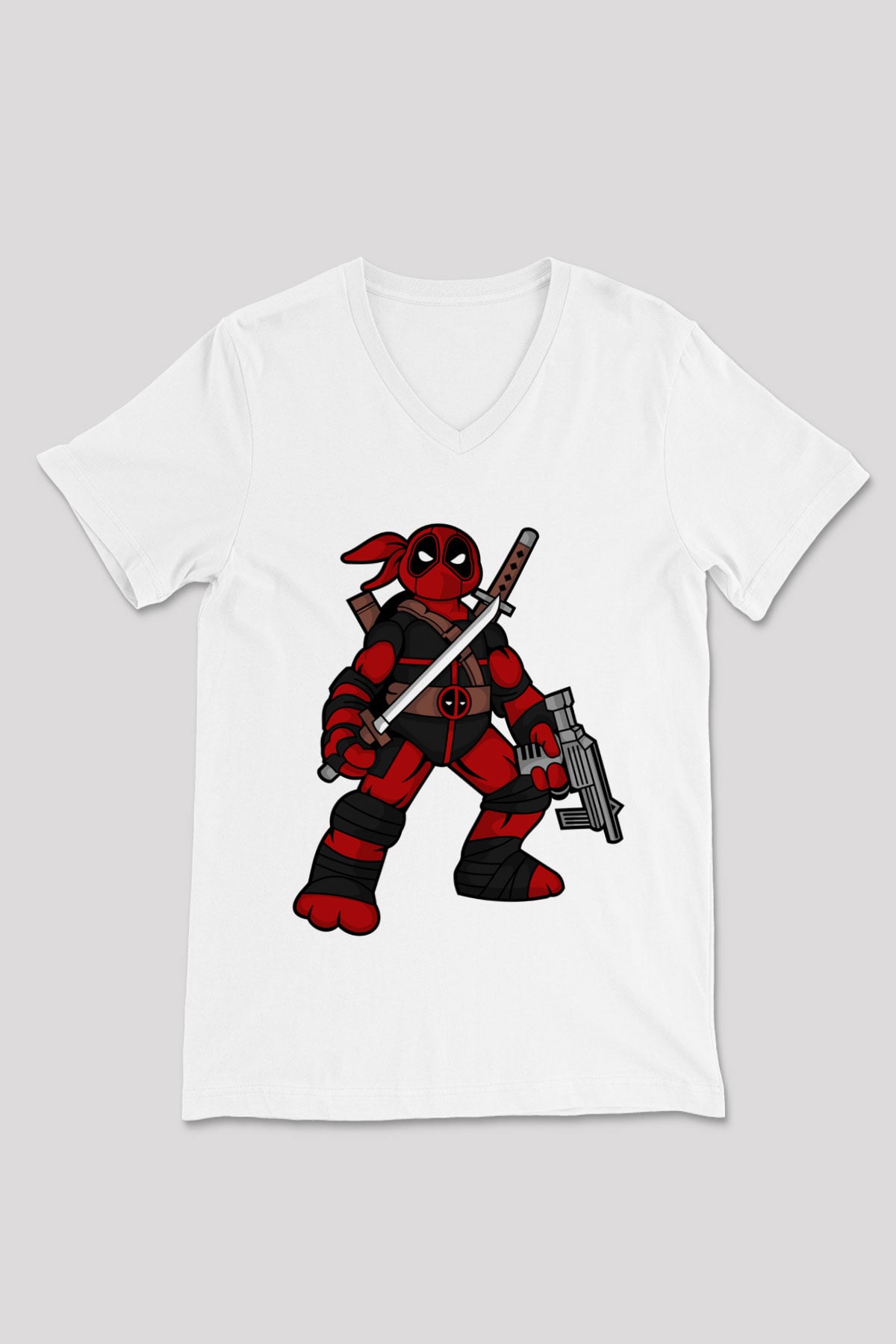 Ninja Deadpool Baskılı Beyaz Unisex V Yaka Tişört