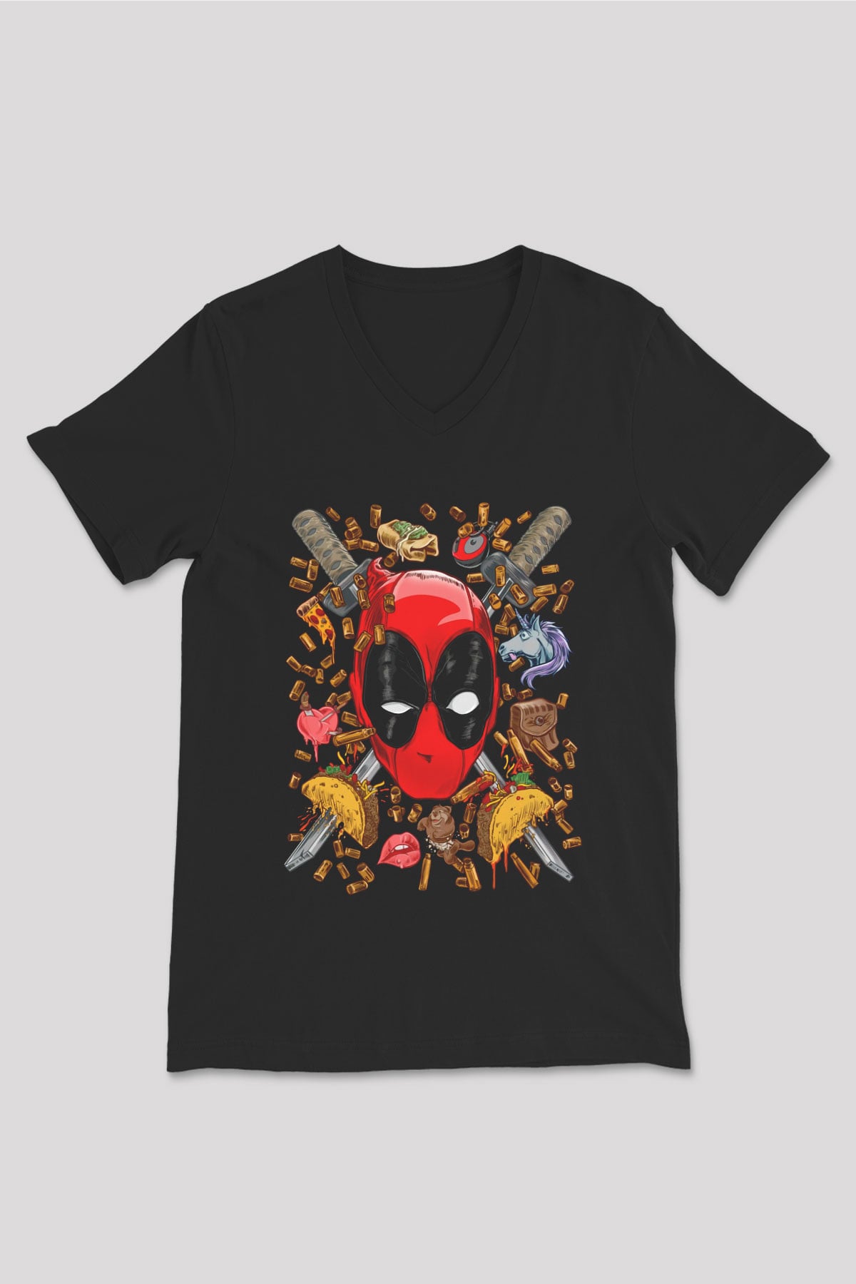 Ninja Deadpool Baskılı Unisex Siyah  V Yaka Tişört