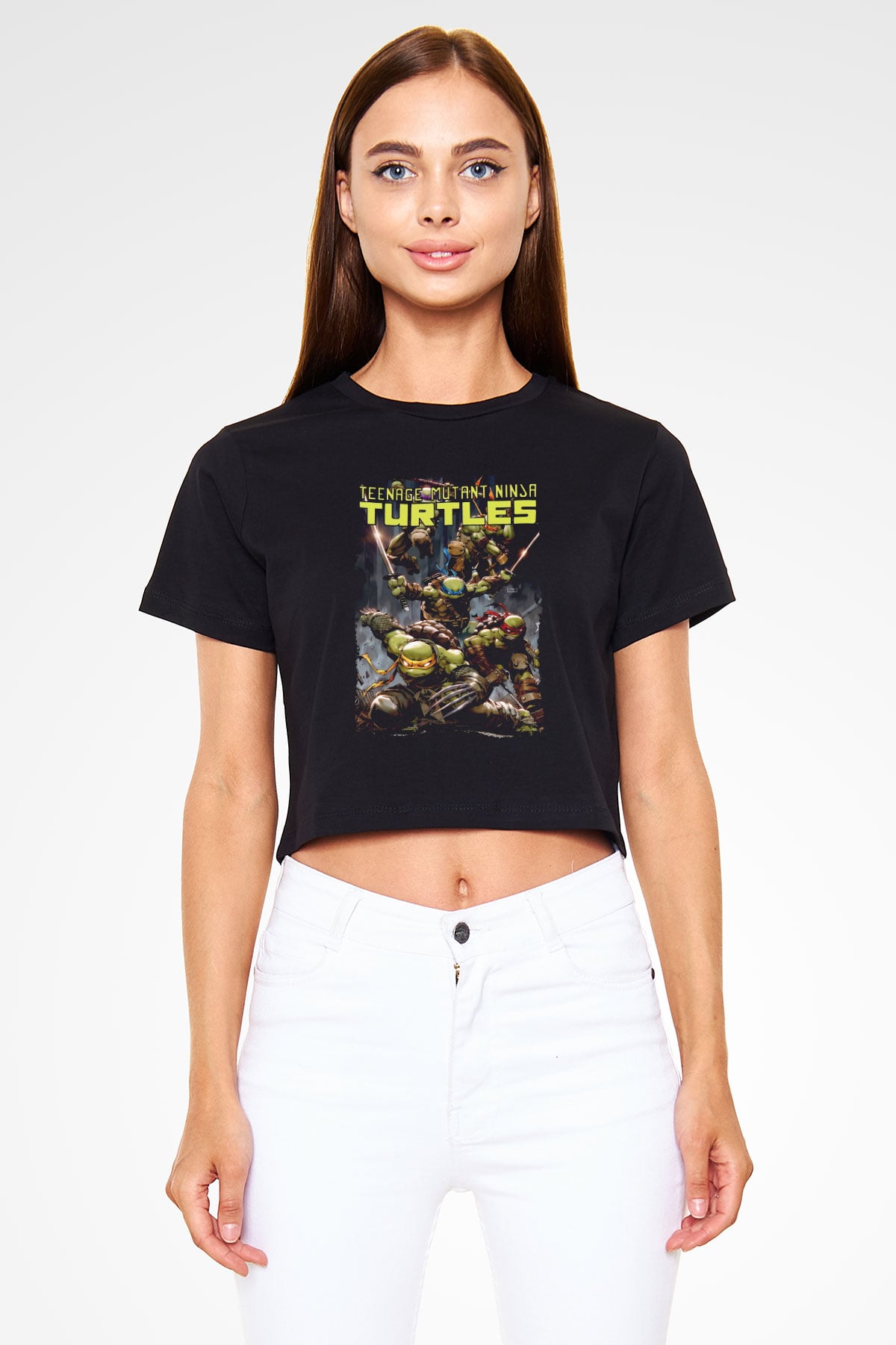 Ninja Kaplumbağa Temalı Baskılı Siyah  Crop Top Tişört