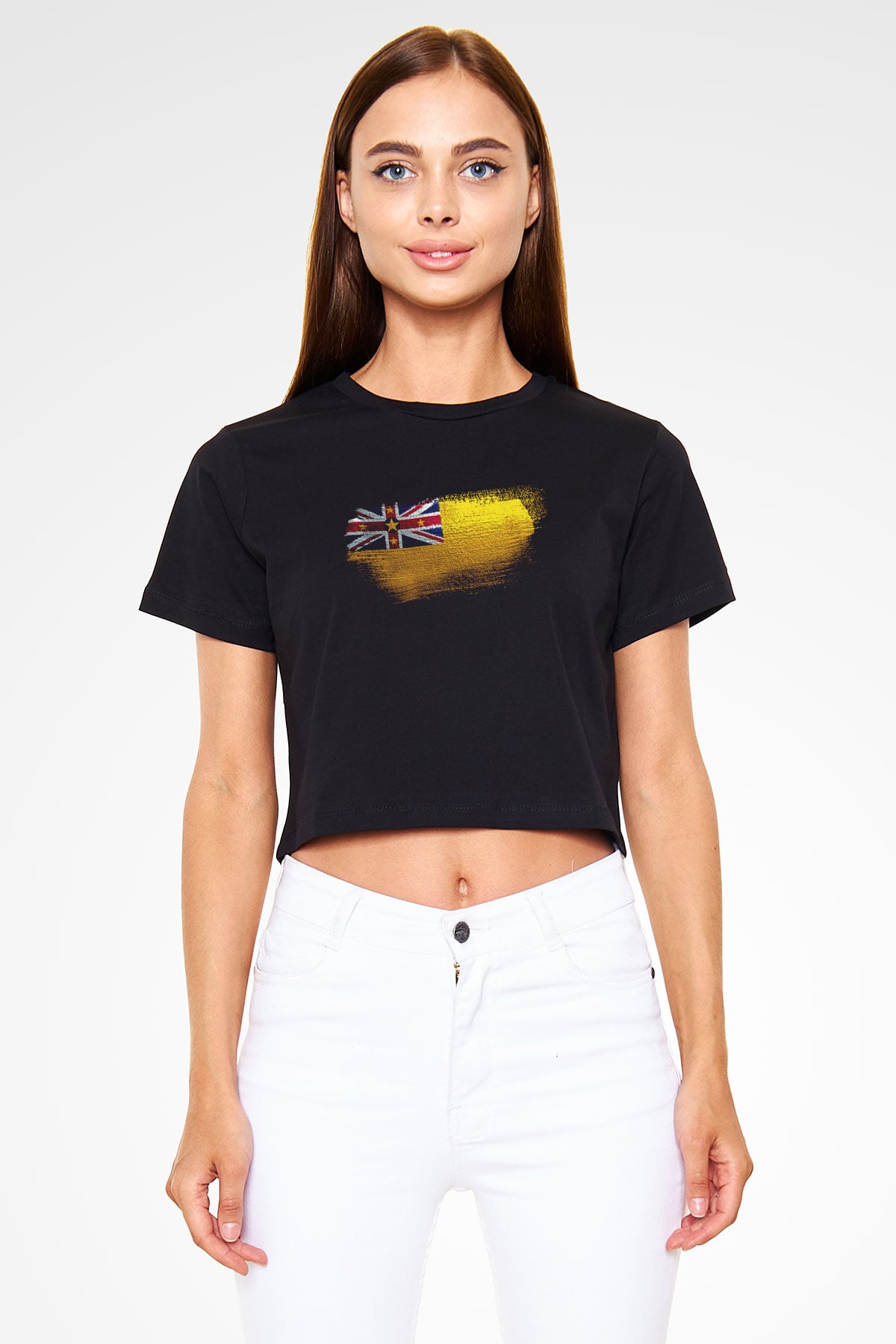 Niue Bayrağı Baskılı Kadın Crop Top Siyah Tişört