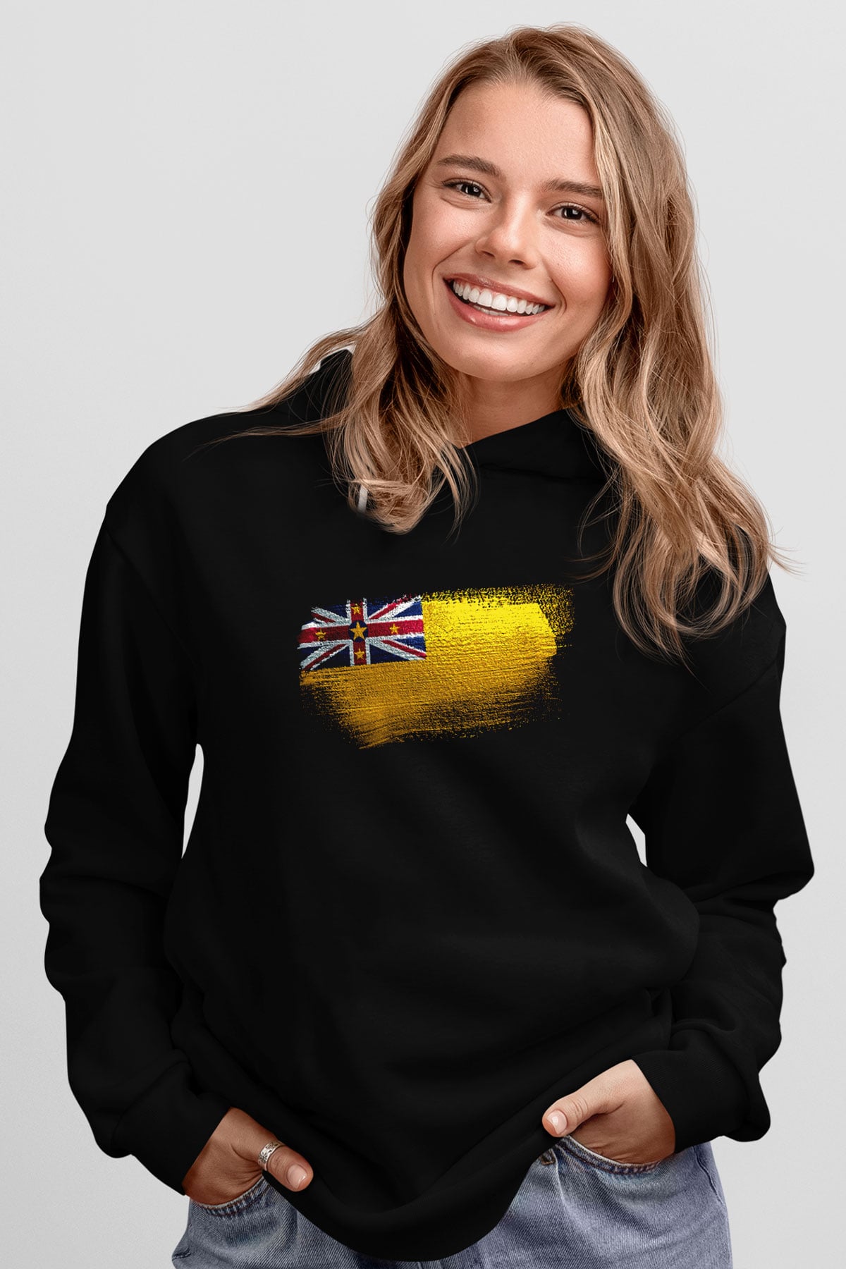 Niue Bayrağı Baskılı Unisex Siyah Kapüşonlu Sweatshirt