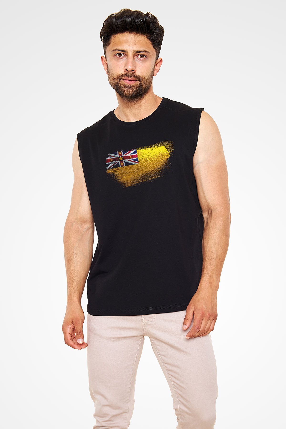 Niue Bayrağı Baskılı Unisex Siyah Kolsuz Tişört