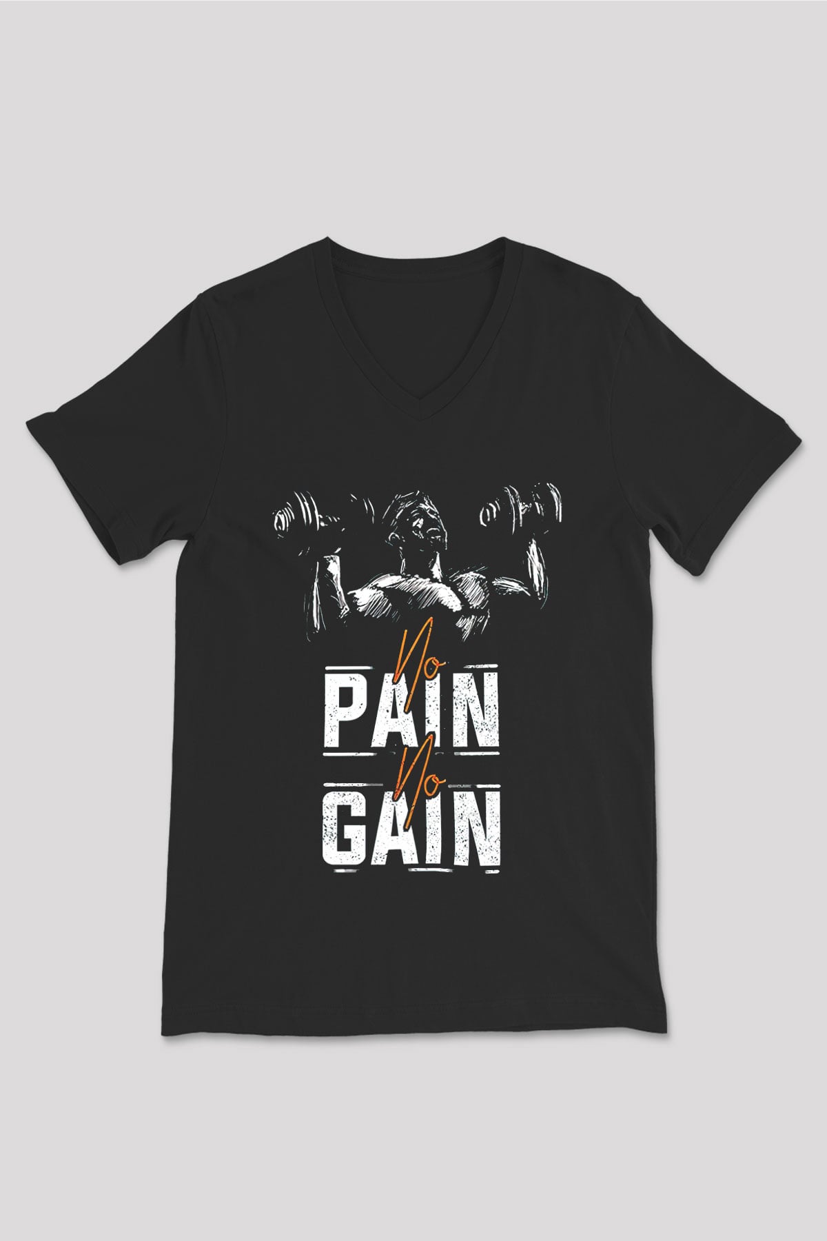No pain No gain Baskılı Unisex Siyah  V Yaka Tişört