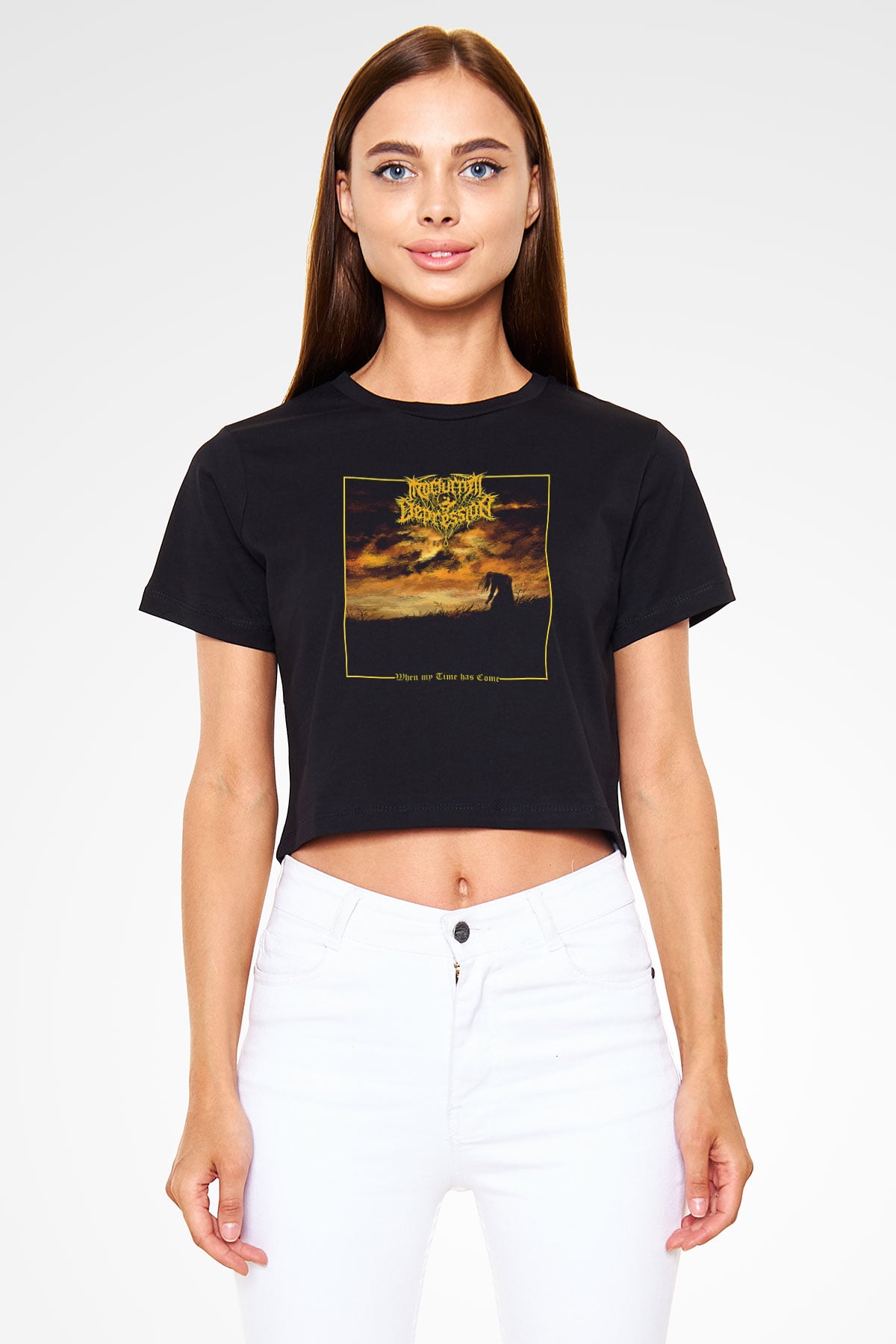 Nocturnal Depression Baskılı Siyah Crop Top Kadın Tişört - Tshirt