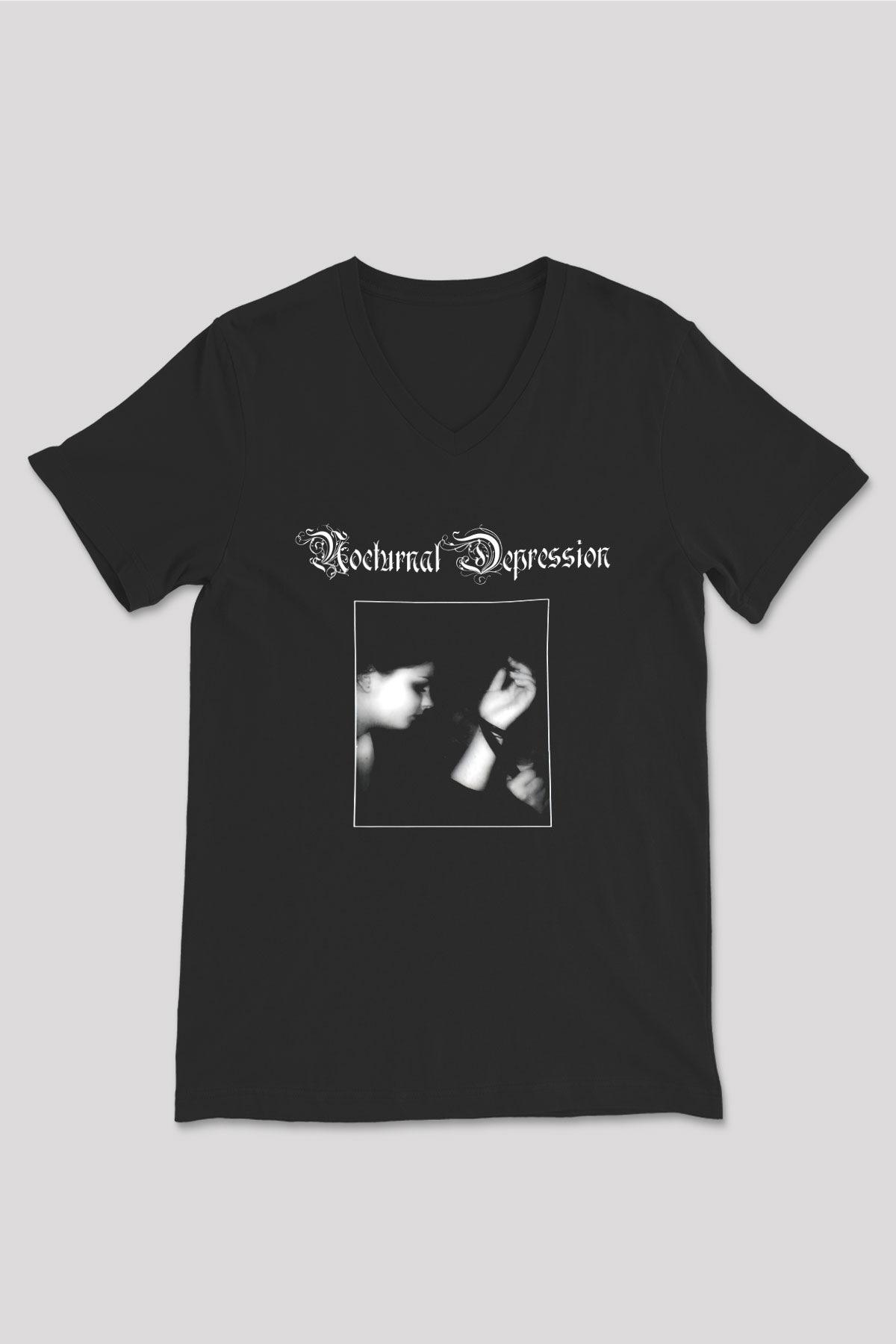 Nocturnal Depression Baskılı Unisex Siyah V Yaka Tişört - Tshirt