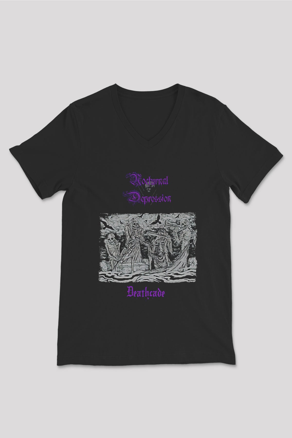 Nocturnal Depression Baskılı Unisex Siyah V Yaka Tişört - Tshirt
