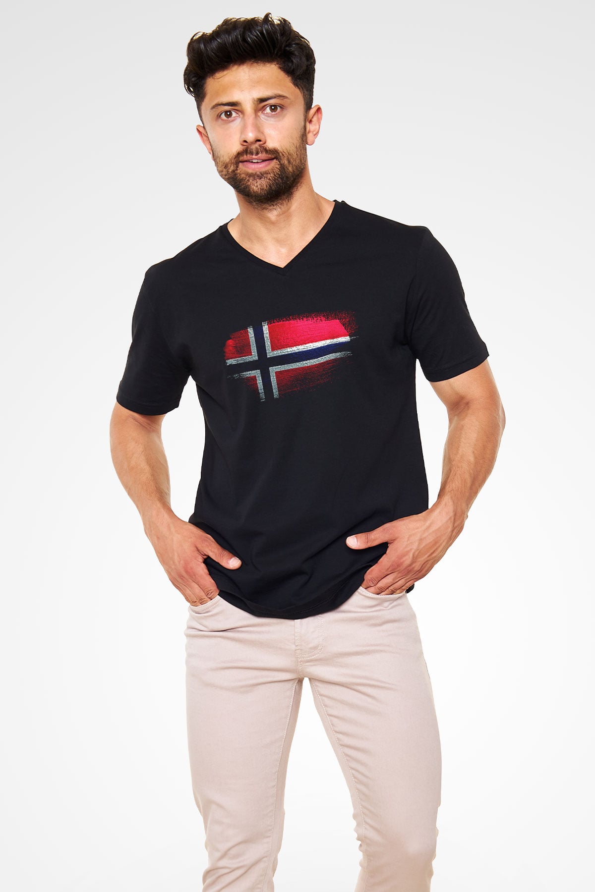 Norveç - Norway Bayrağı Baskılı Unisex Siyah V Yaka Tişört