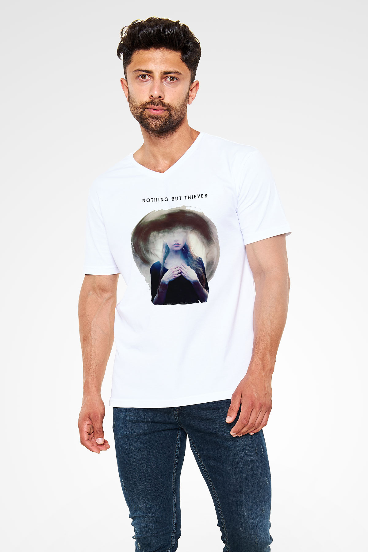 Nothing But Thieves Baskılı Beyaz Unisex V Yaka Tişört - Tshirt