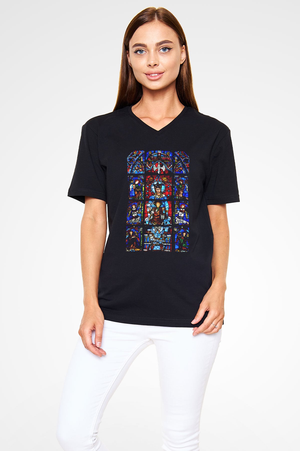 Notre Dame Katedrali Siyah Unisex V Yaka Tişört T-Shirt