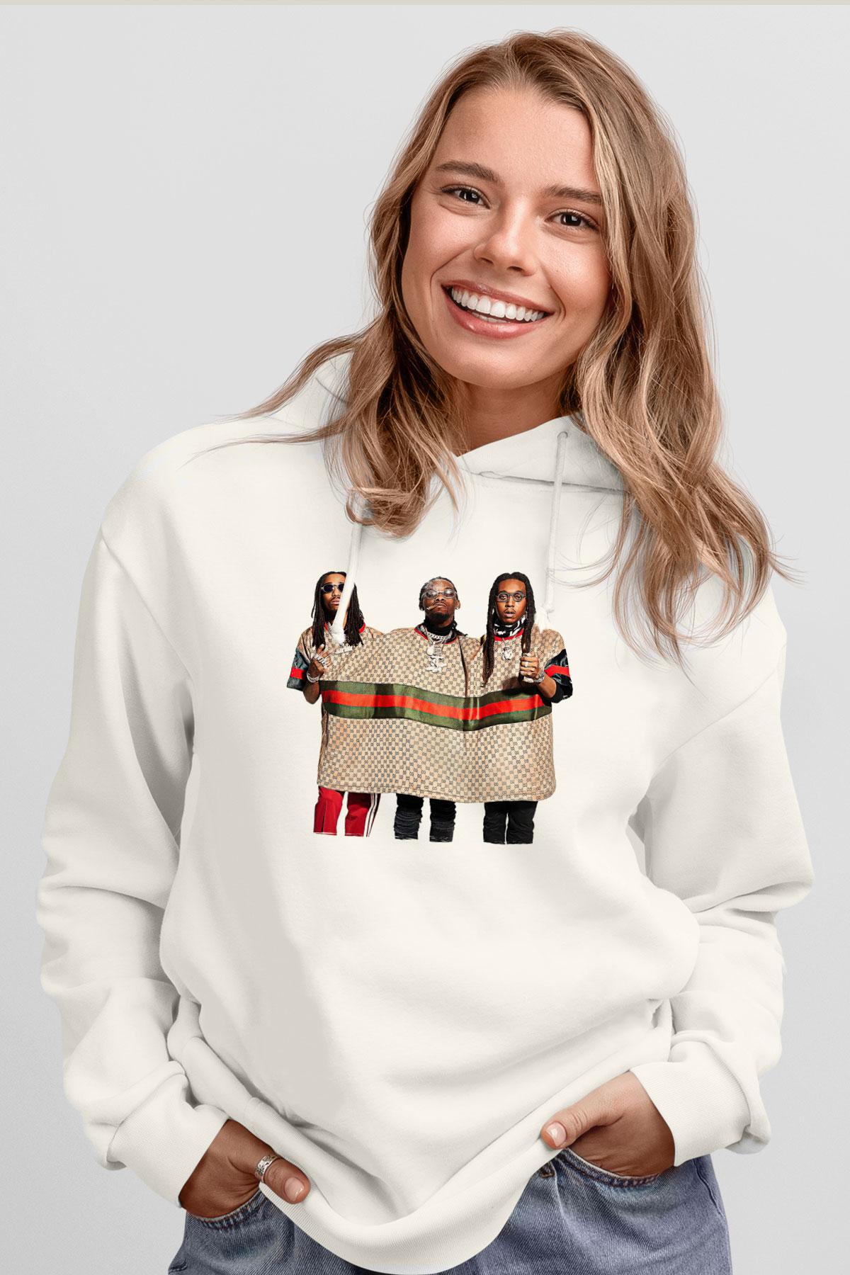 Offset Baskılı Beyaz Unisex Kapüşonlu Sweatshirt