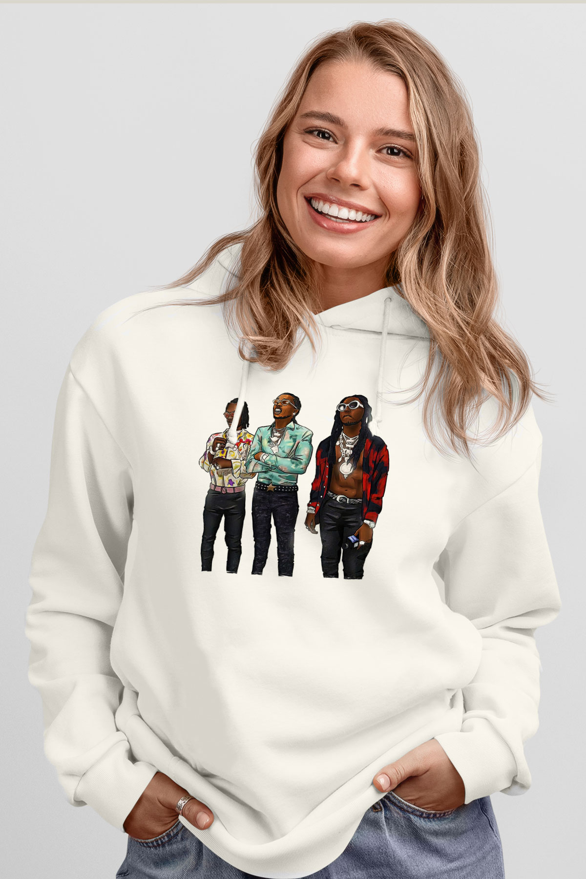 Offset Baskılı Beyaz Unisex Kapüşonlu Sweatshirt