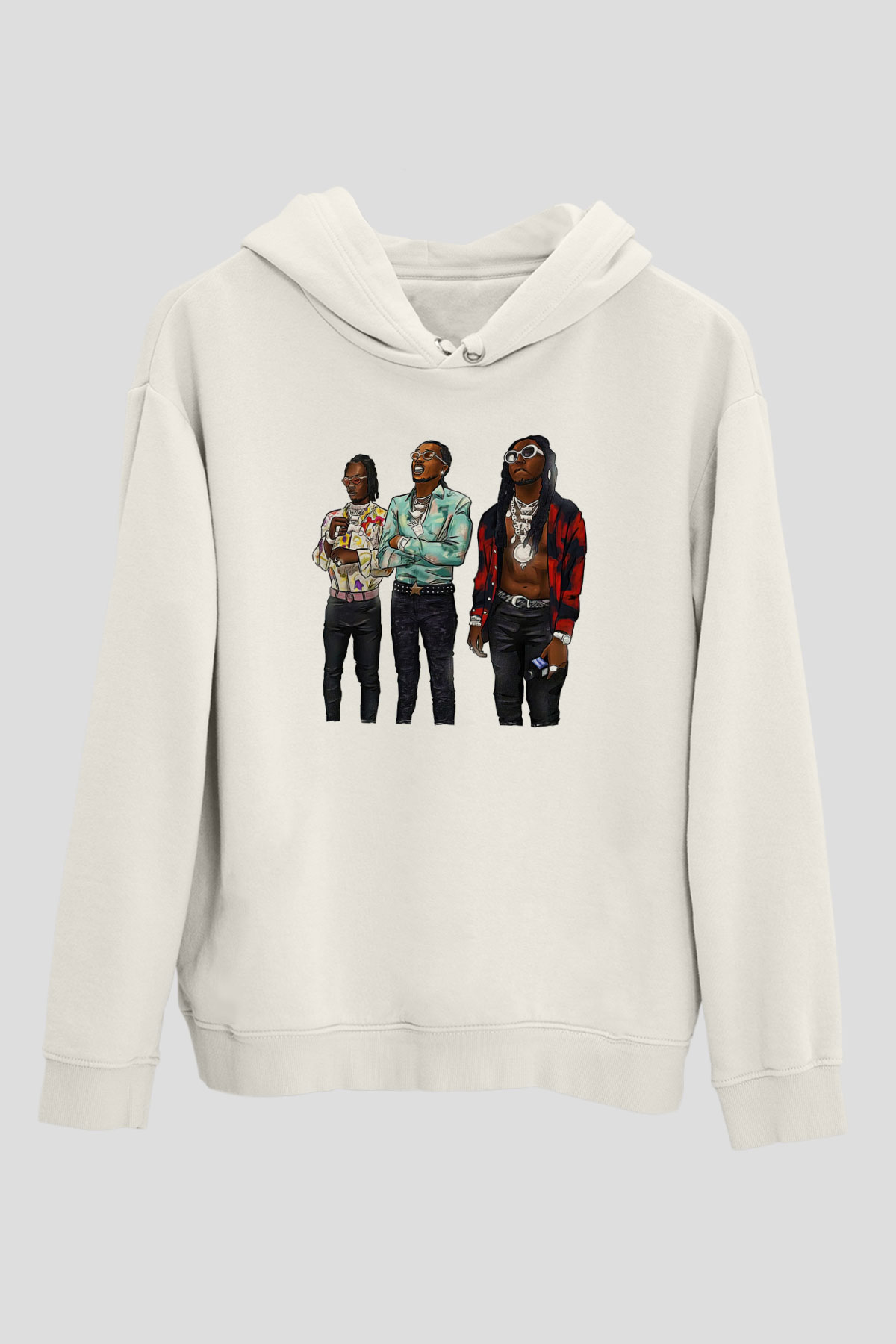 Offset Baskılı Beyaz Unisex Kapüşonlu Sweatshirt