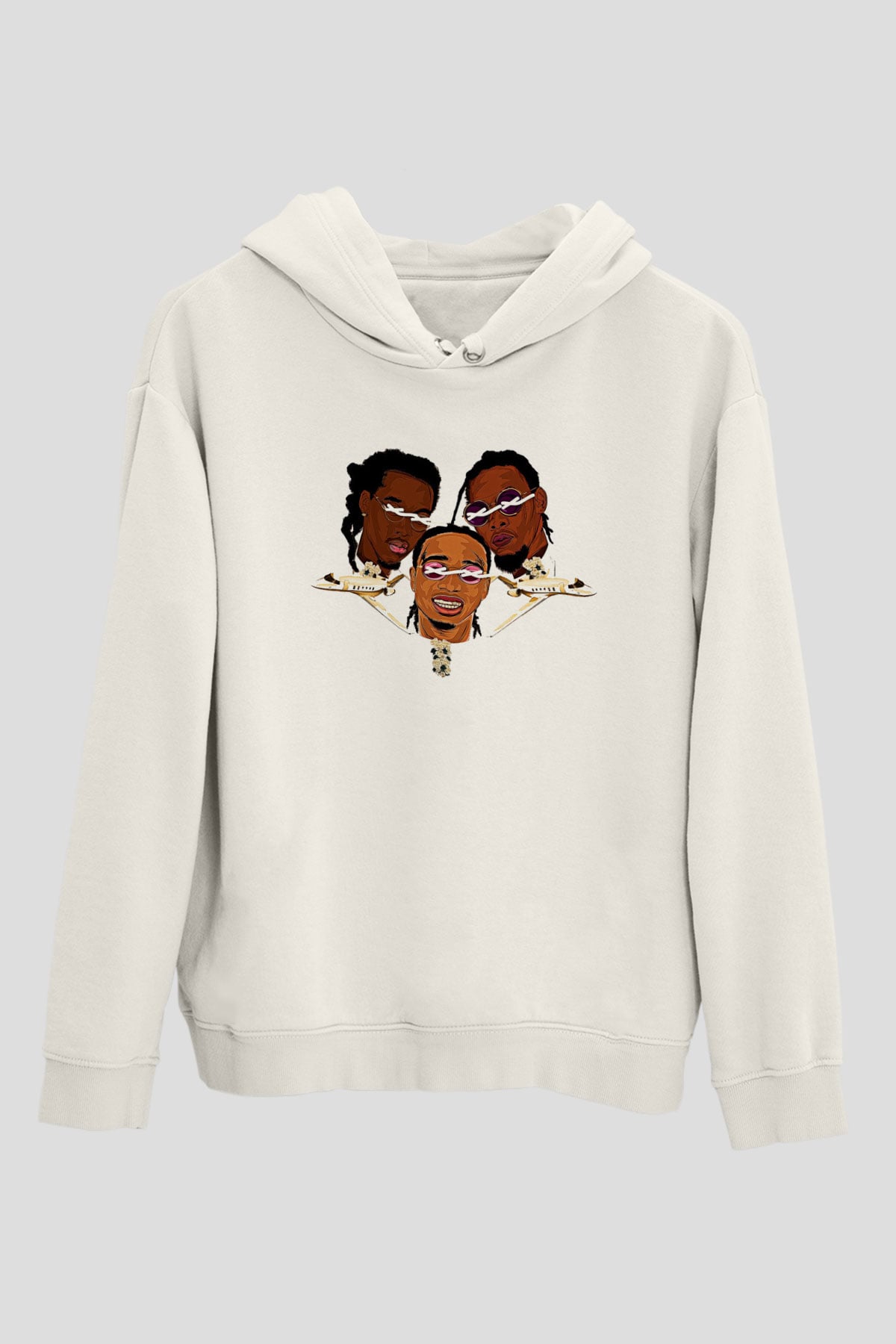Offset Baskılı Beyaz Unisex Kapüşonlu Sweatshirt