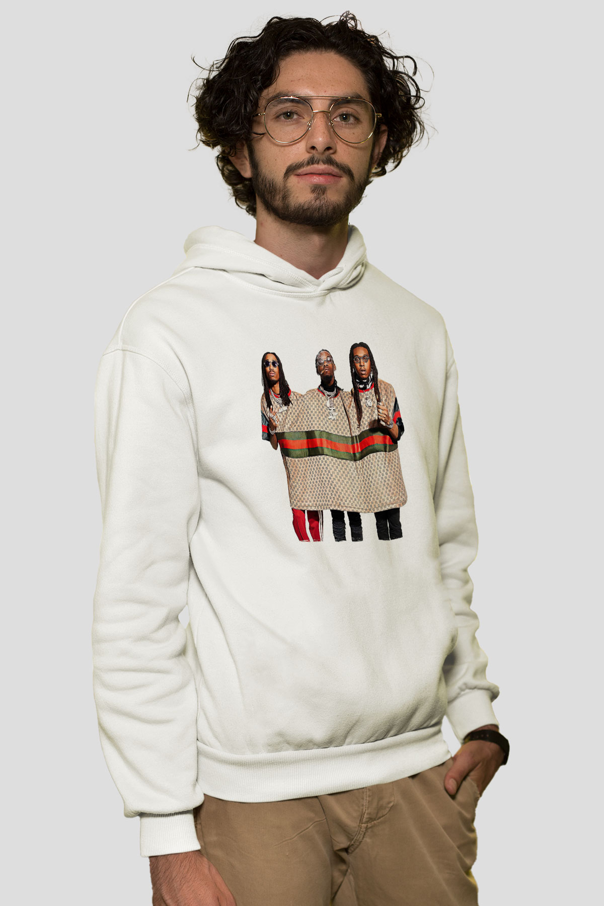 Offset Baskılı Beyaz Unisex Kapüşonlu Sweatshirt