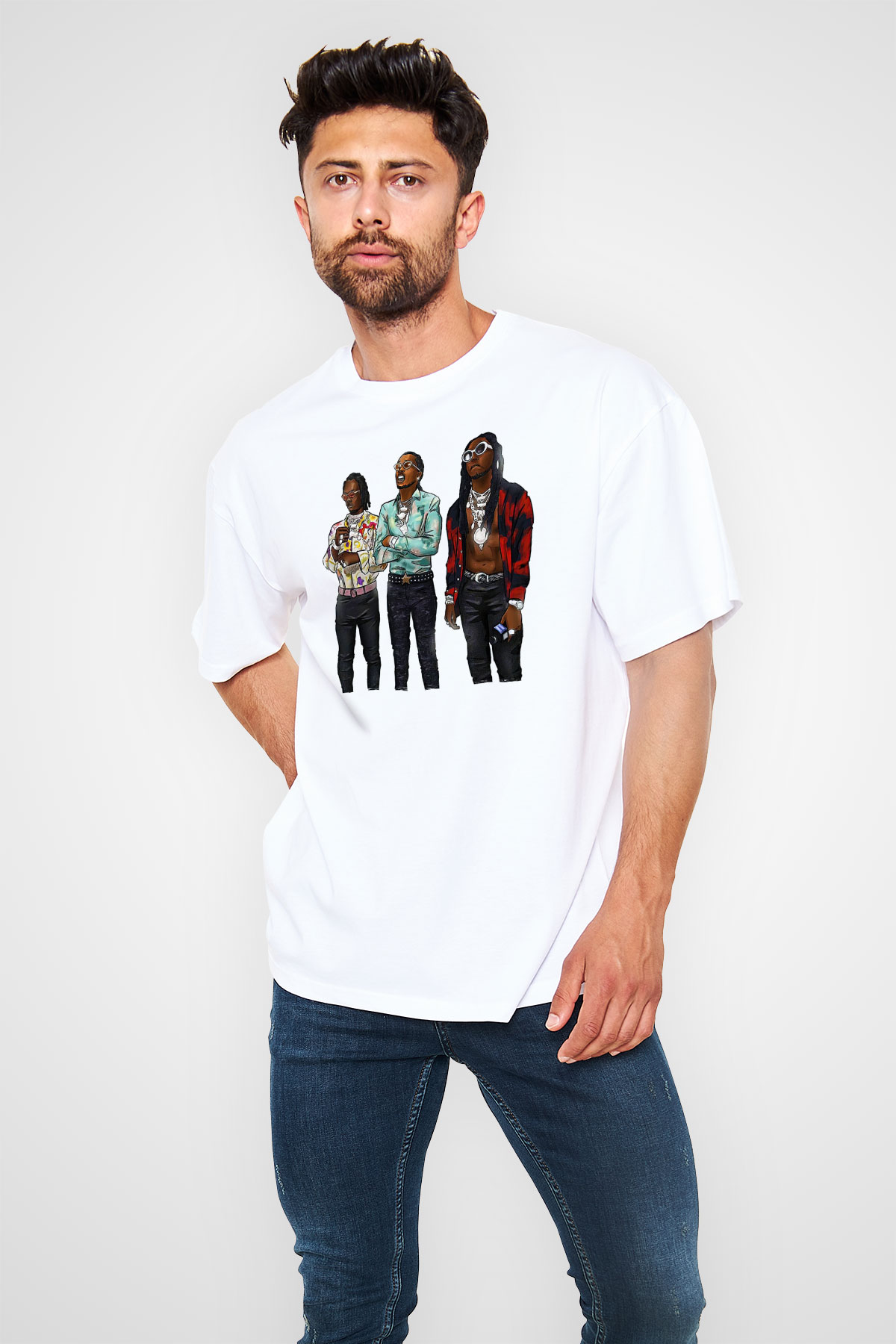 Offset Baskılı Beyaz Unisex Oversize Tişört - Tshirt