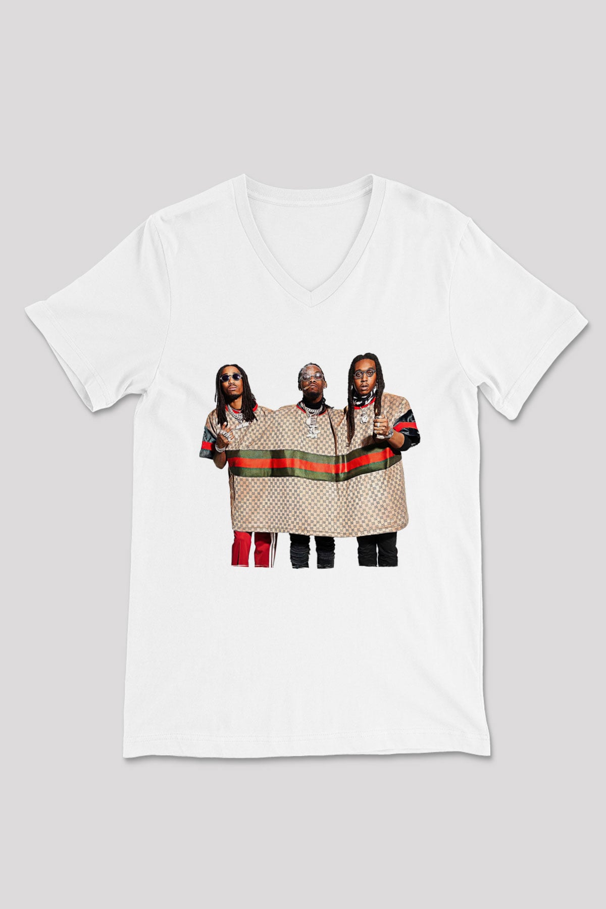 Offset Baskılı Beyaz Unisex V Yaka Tişört - Tshirt