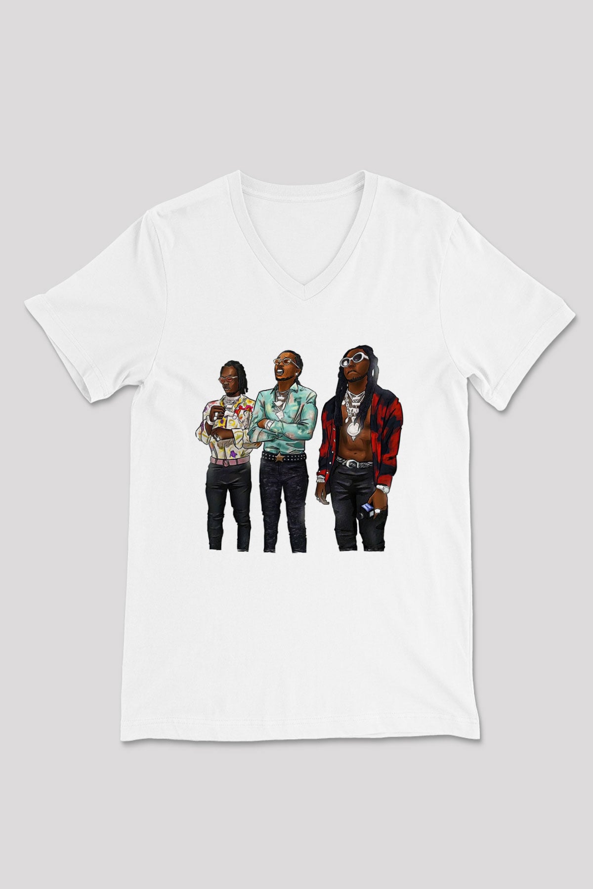 Offset Baskılı Beyaz Unisex V Yaka Tişört - Tshirt