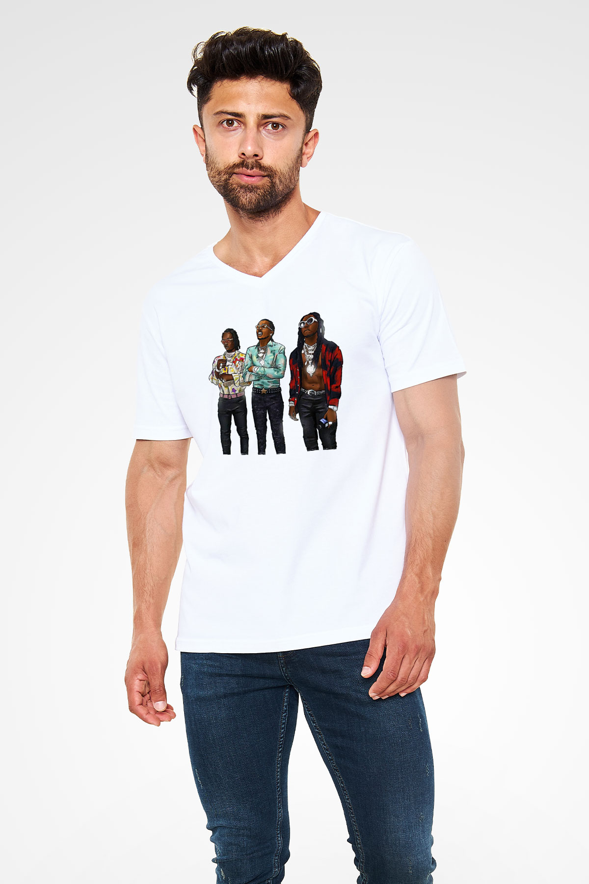 Offset Baskılı Beyaz Unisex V Yaka Tişört - Tshirt