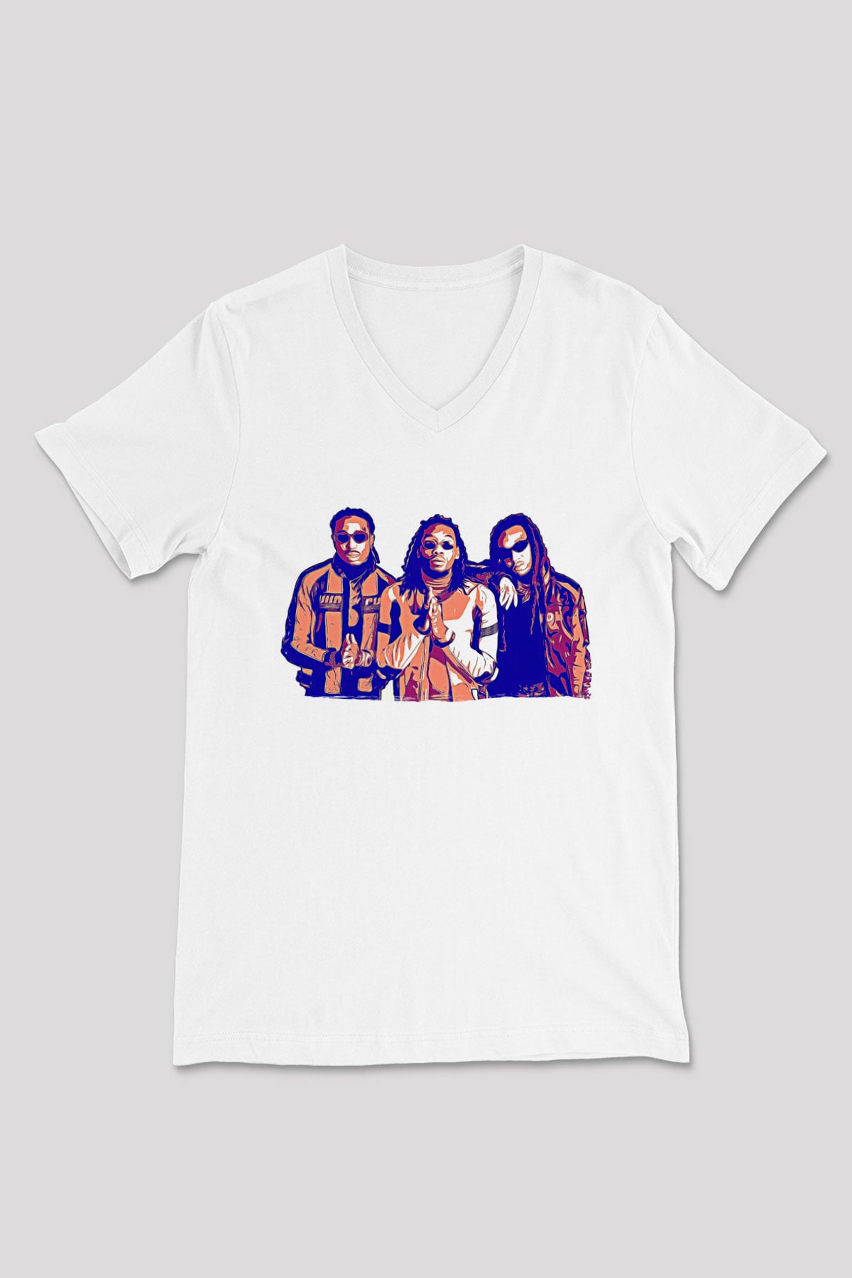 Offset Baskılı Beyaz Unisex V Yaka Tişört - Tshirt