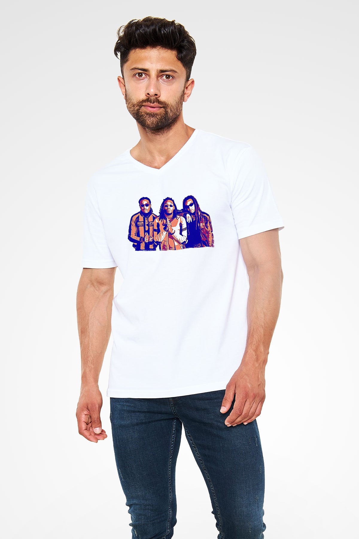 Offset Baskılı Beyaz Unisex V Yaka Tişört - Tshirt