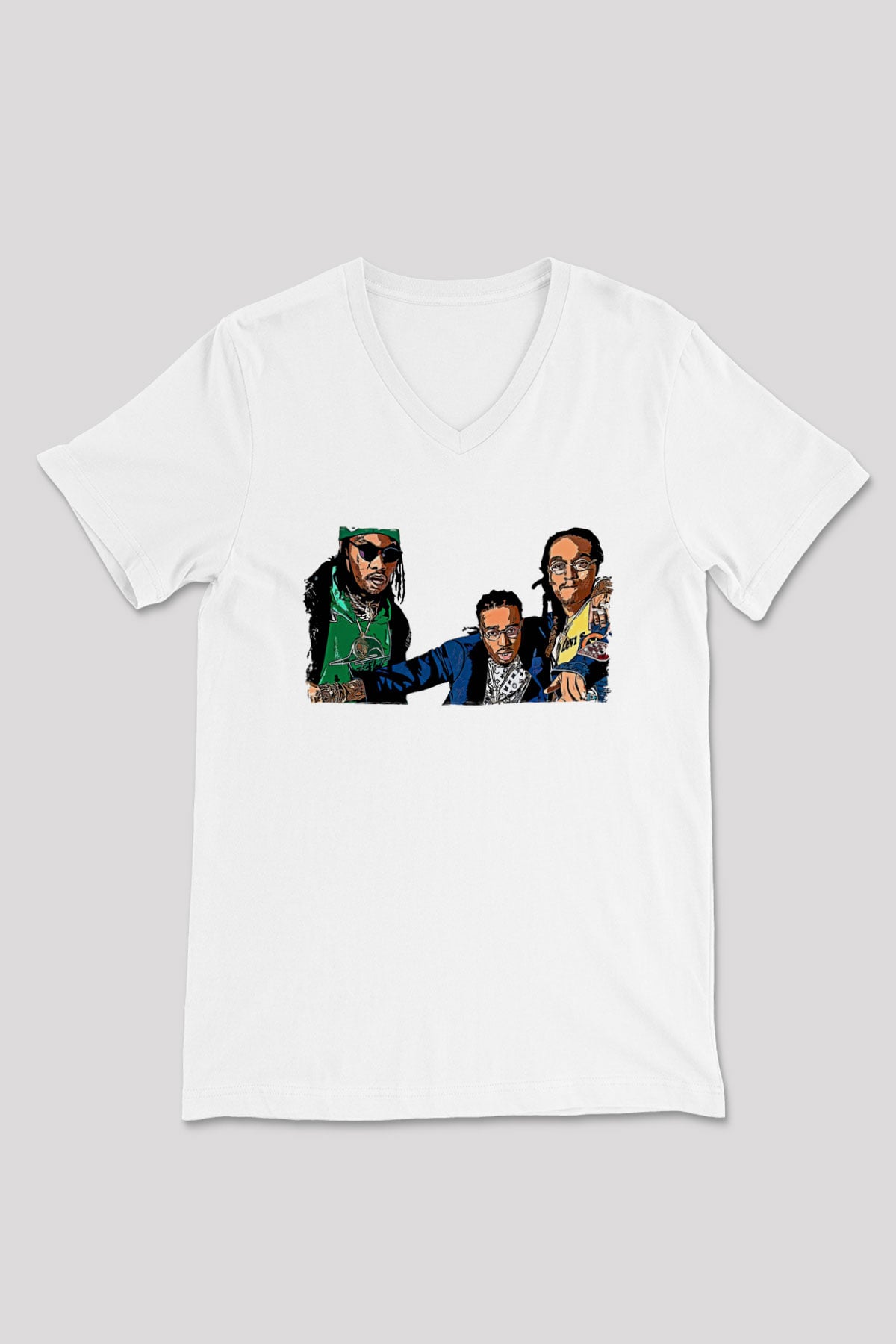 Offset Baskılı Beyaz Unisex V Yaka Tişört - Tshirt