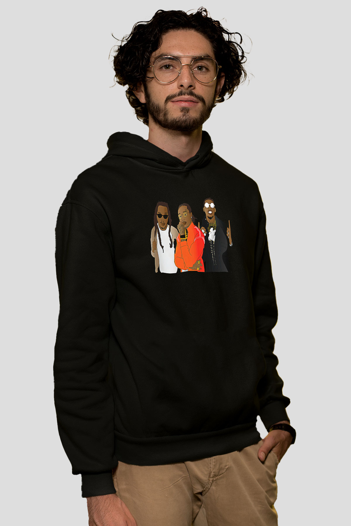 Offset Baskılı Unisex Siyah Hoodie