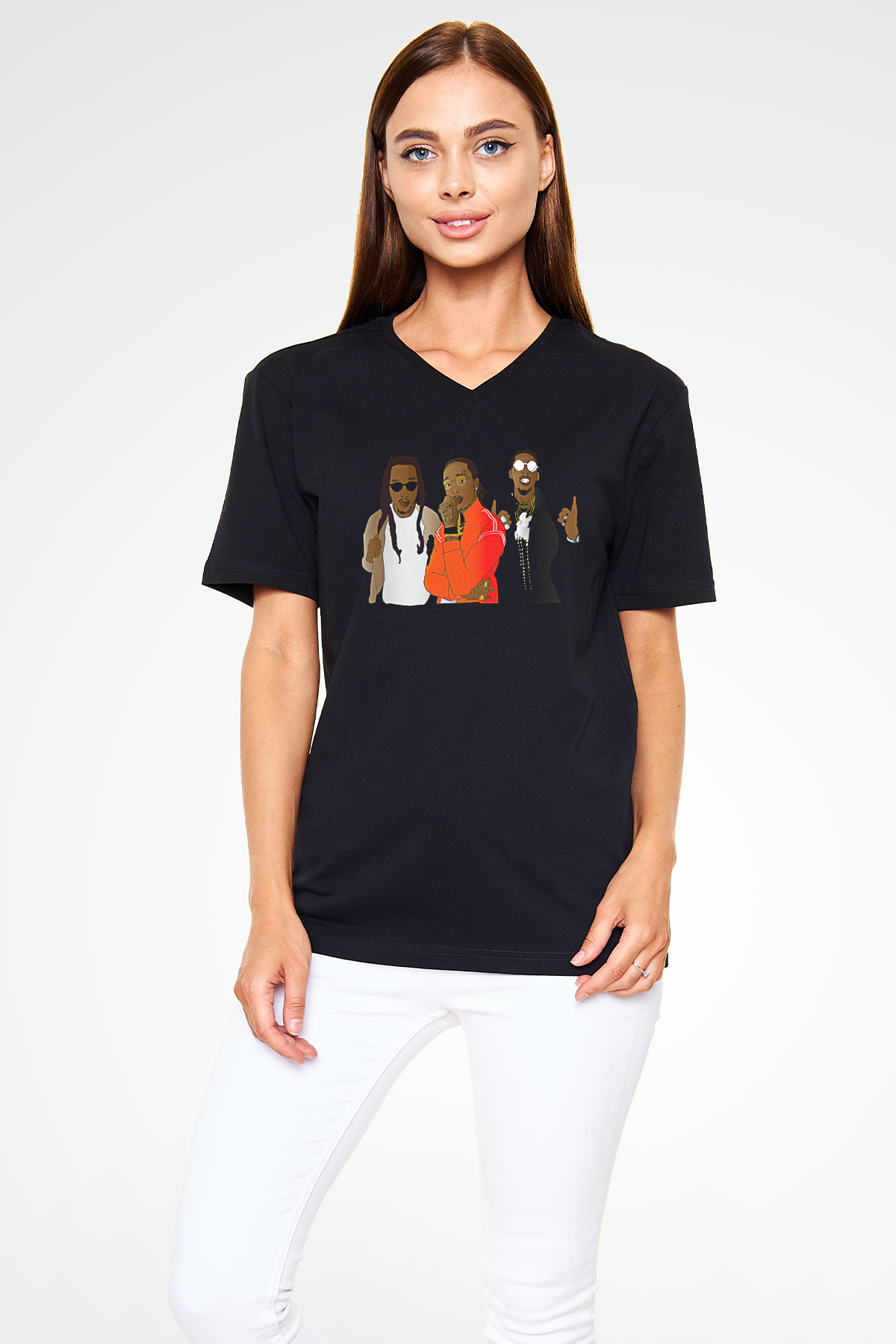 Offset Baskılı Unisex Siyah V Yaka Tişört - Tshirt