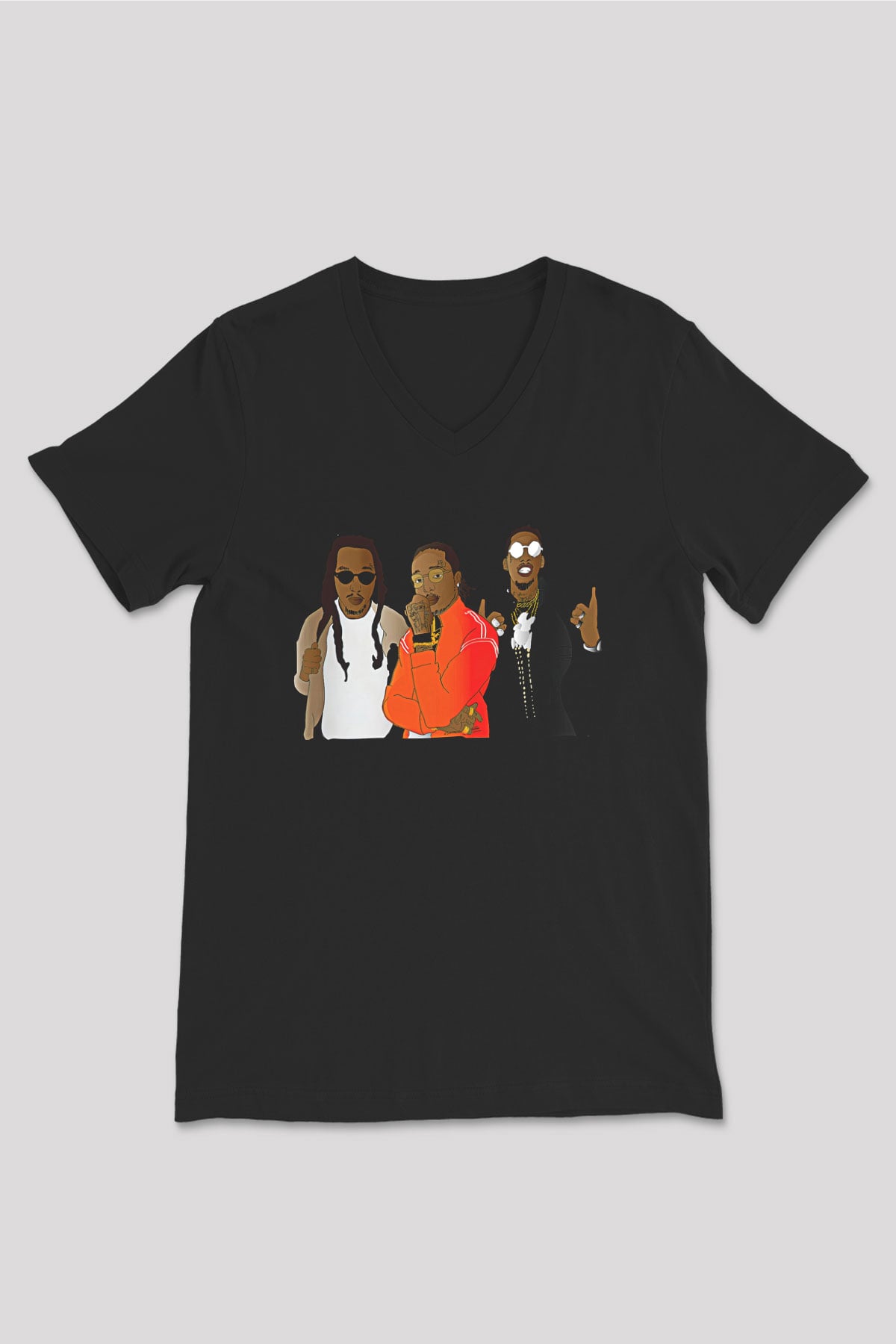Offset Baskılı Unisex Siyah V Yaka Tişört - Tshirt
