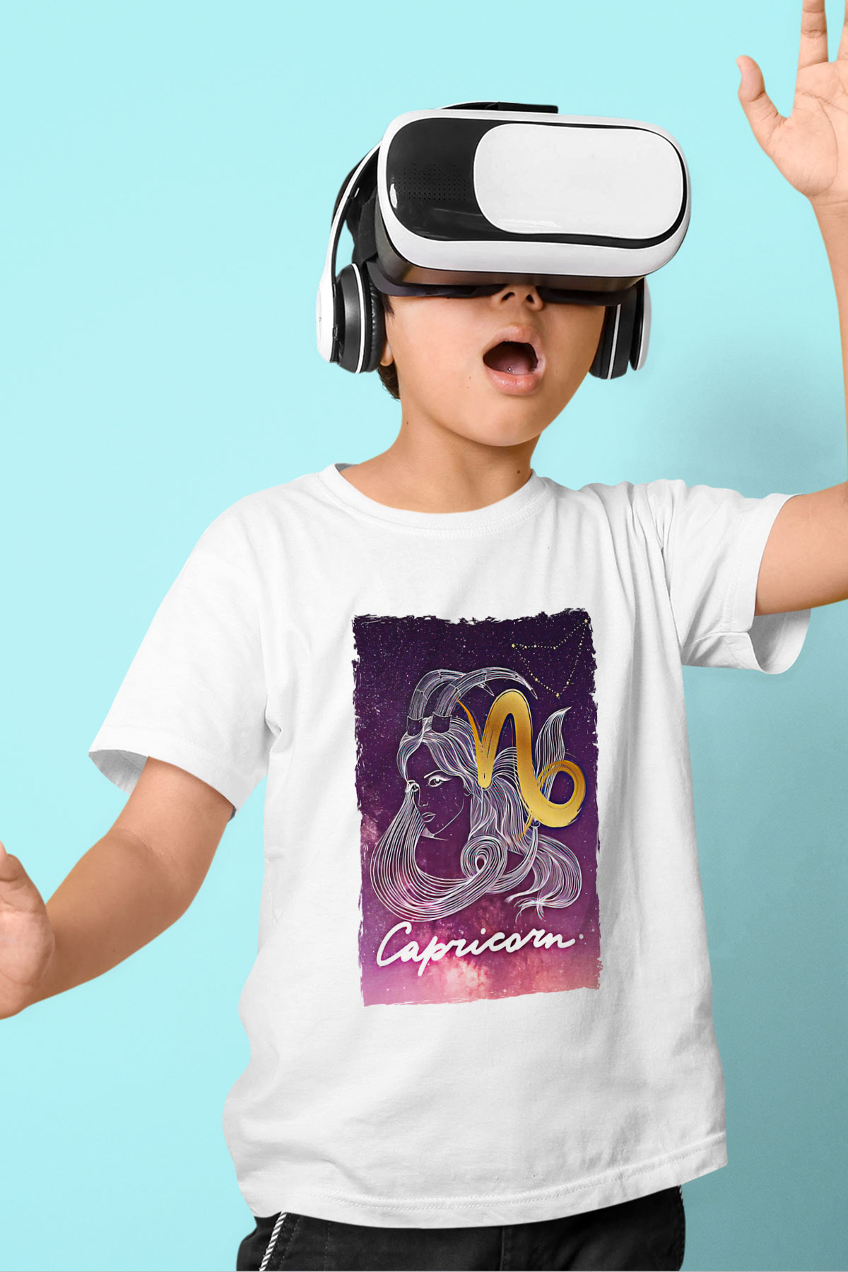 Oğlak Burcu Baskılı Beyaz Unisex Beyaz Çocuk Tişört - Tshirt
