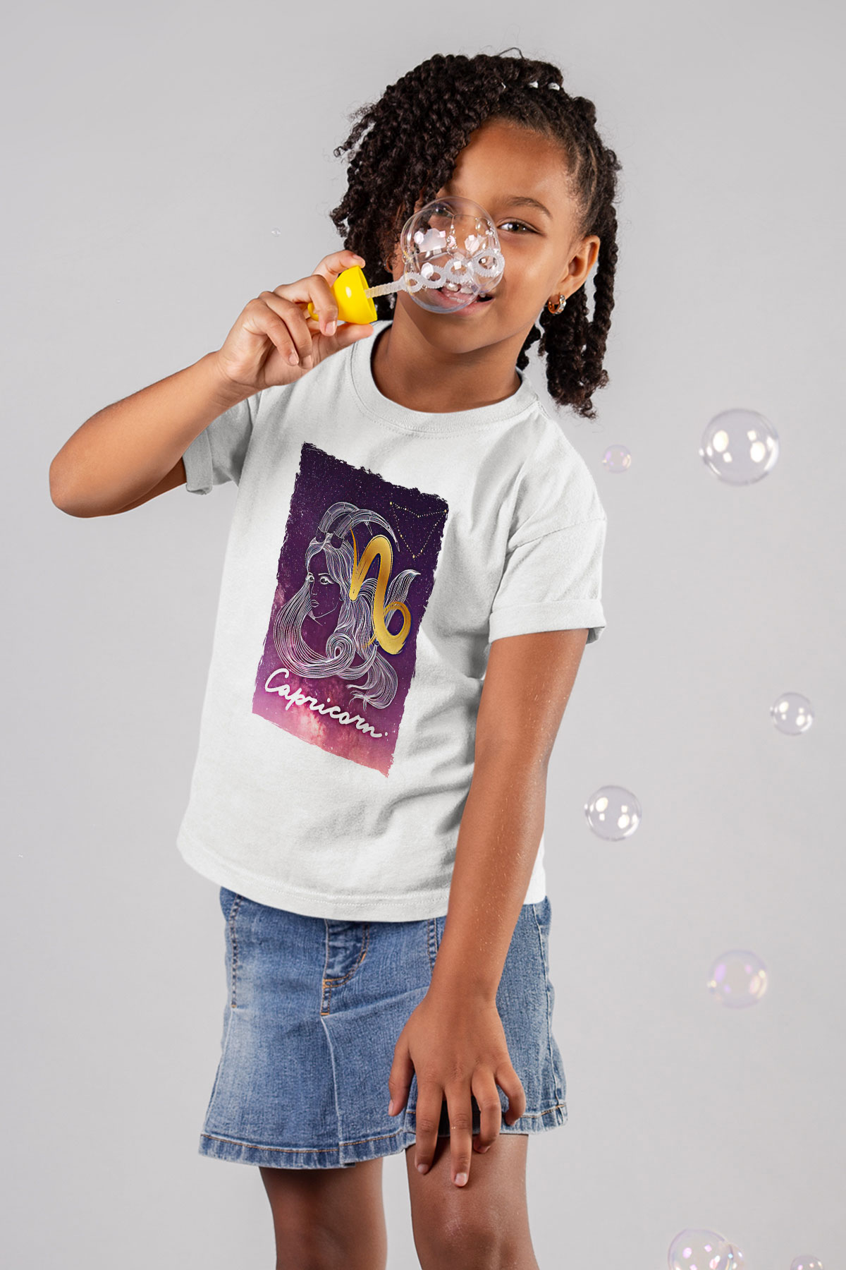 Oğlak Burcu Baskılı Beyaz Unisex Beyaz Çocuk Tişört - Tshirt
