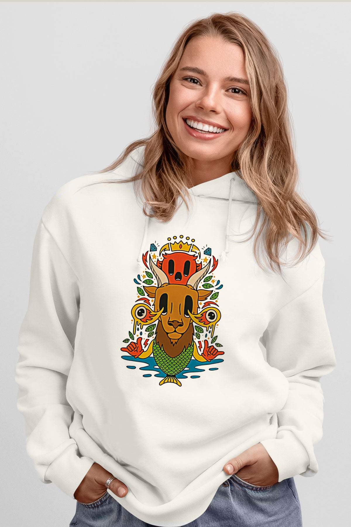Oğlak Burcu Baskılı Beyaz Unisex Hoodie