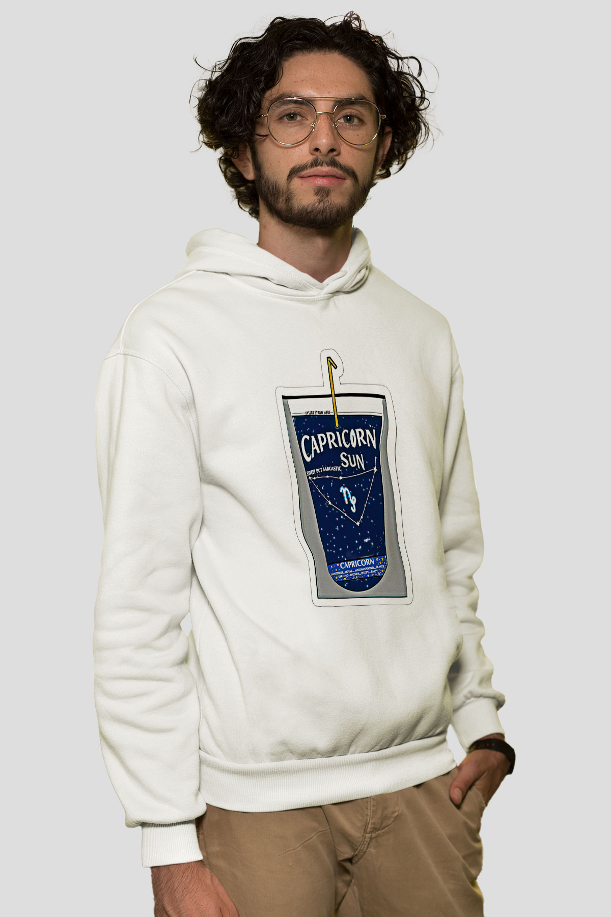 Oğlak Burcu Baskılı Beyaz Unisex Hoodie