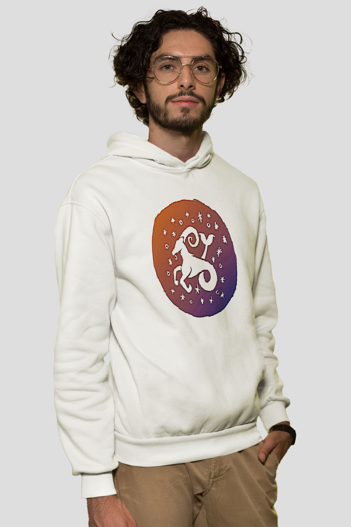 Oğlak Burcu Baskılı Beyaz Unisex Hoodie
