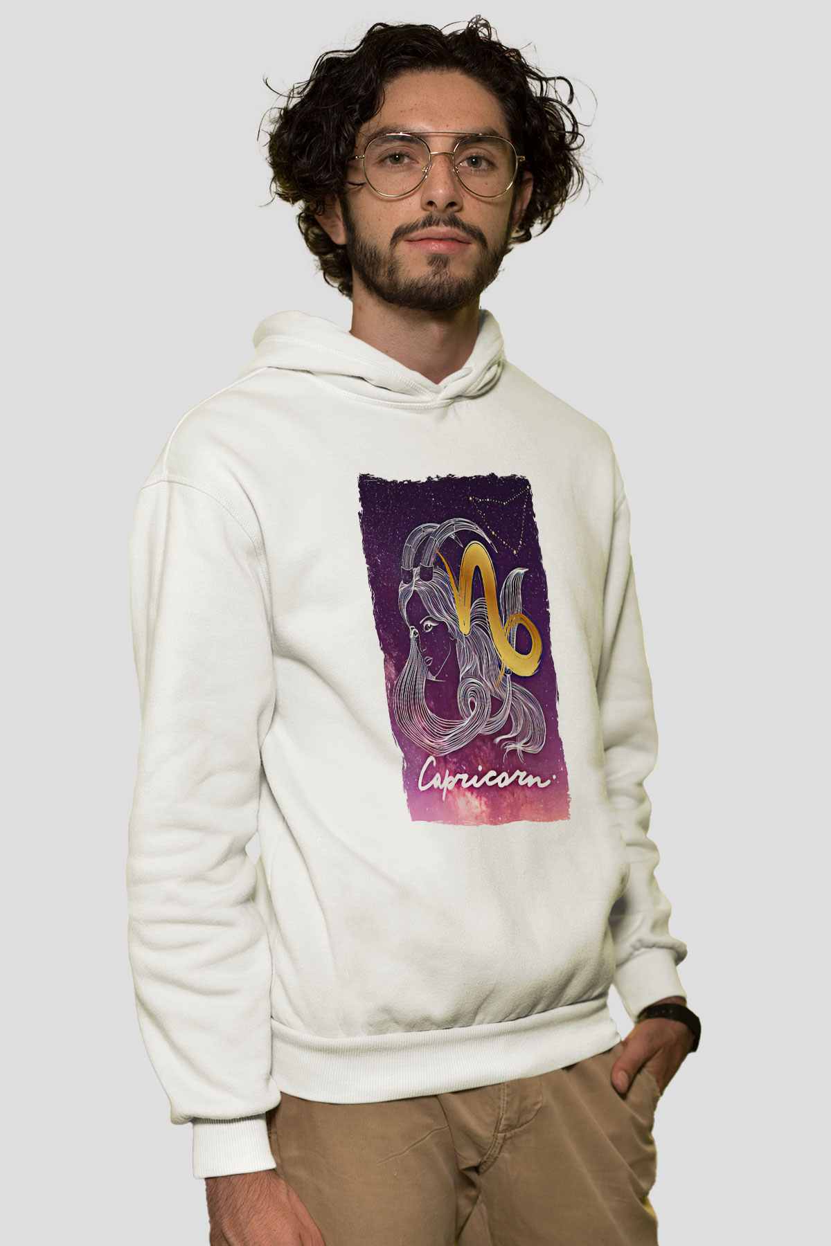 Oğlak Burcu Baskılı Beyaz Unisex Hoodie