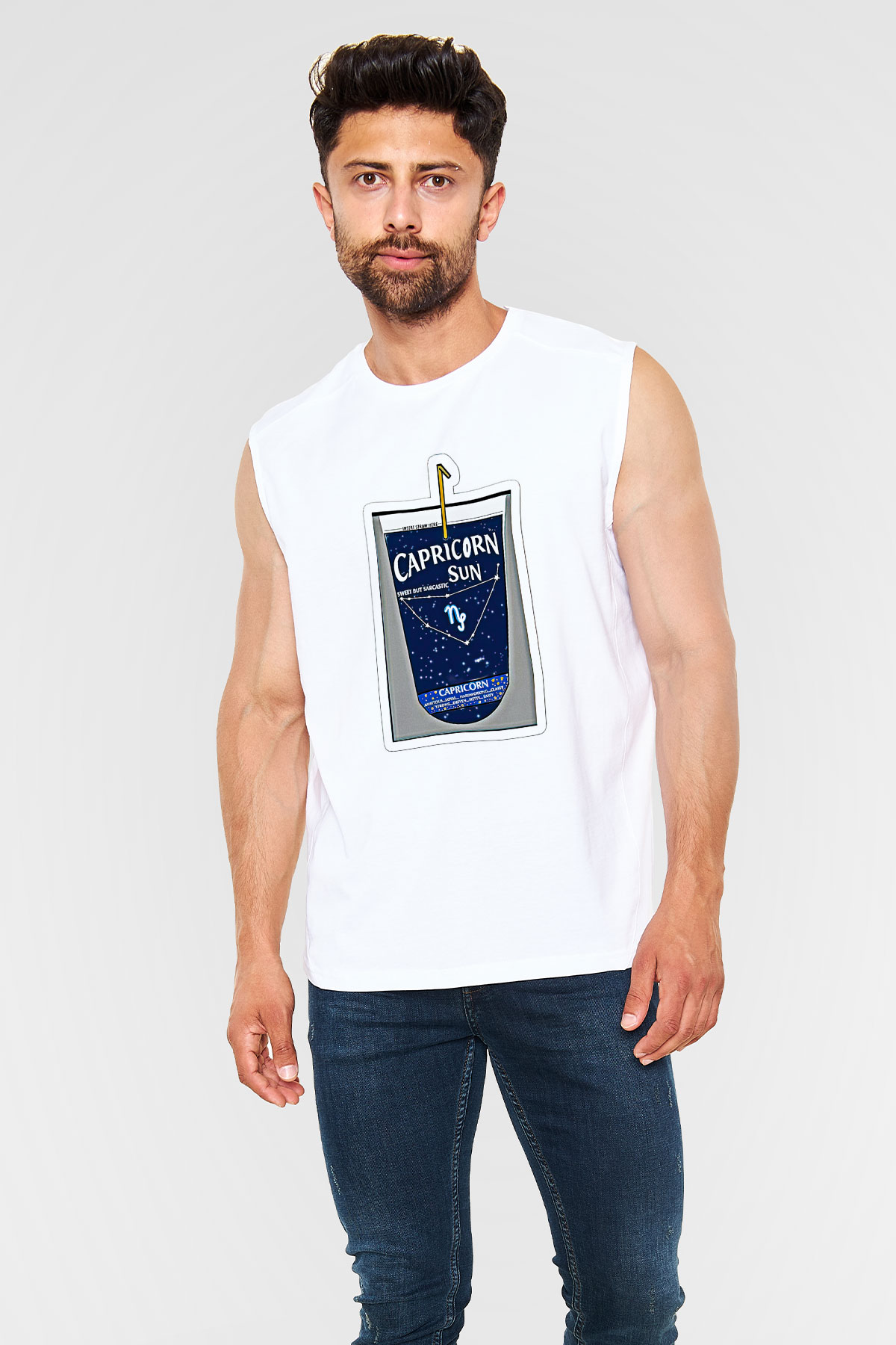 Oğlak Burcu Baskılı Beyaz Unisex Kolsuz Tişört - Tshirt