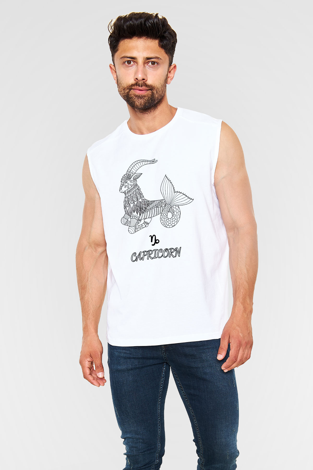 Oğlak Burcu Baskılı Beyaz Unisex Kolsuz Tişört - Tshirt
