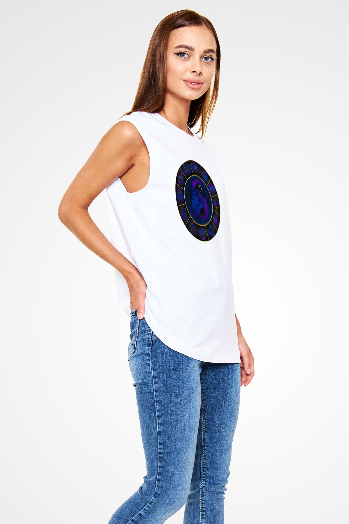 Oğlak Burcu Baskılı Beyaz Unisex Kolsuz Tişört - Tshirt