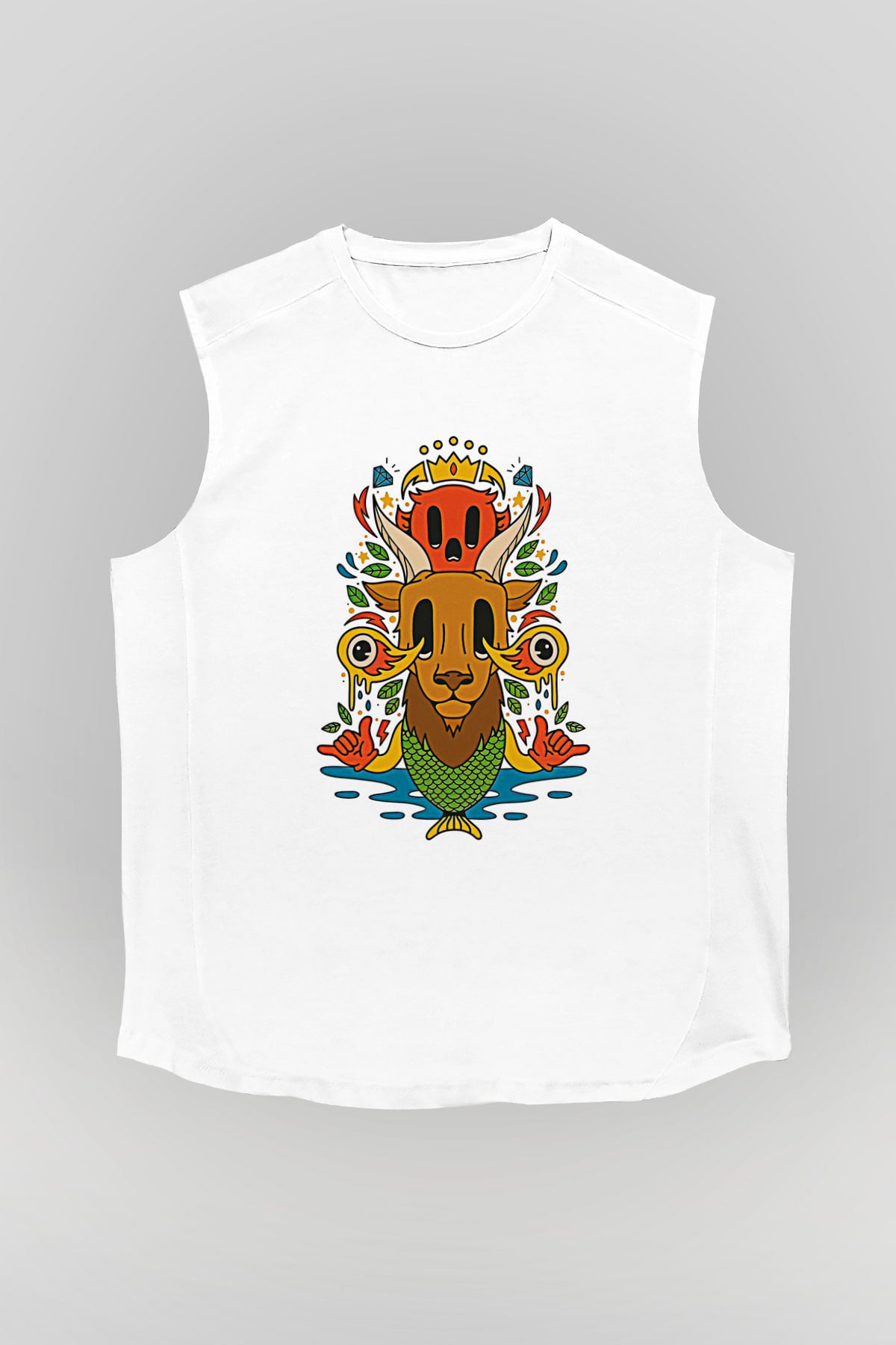 Oğlak Burcu Baskılı Beyaz Unisex Kolsuz Tişört - Tshirt