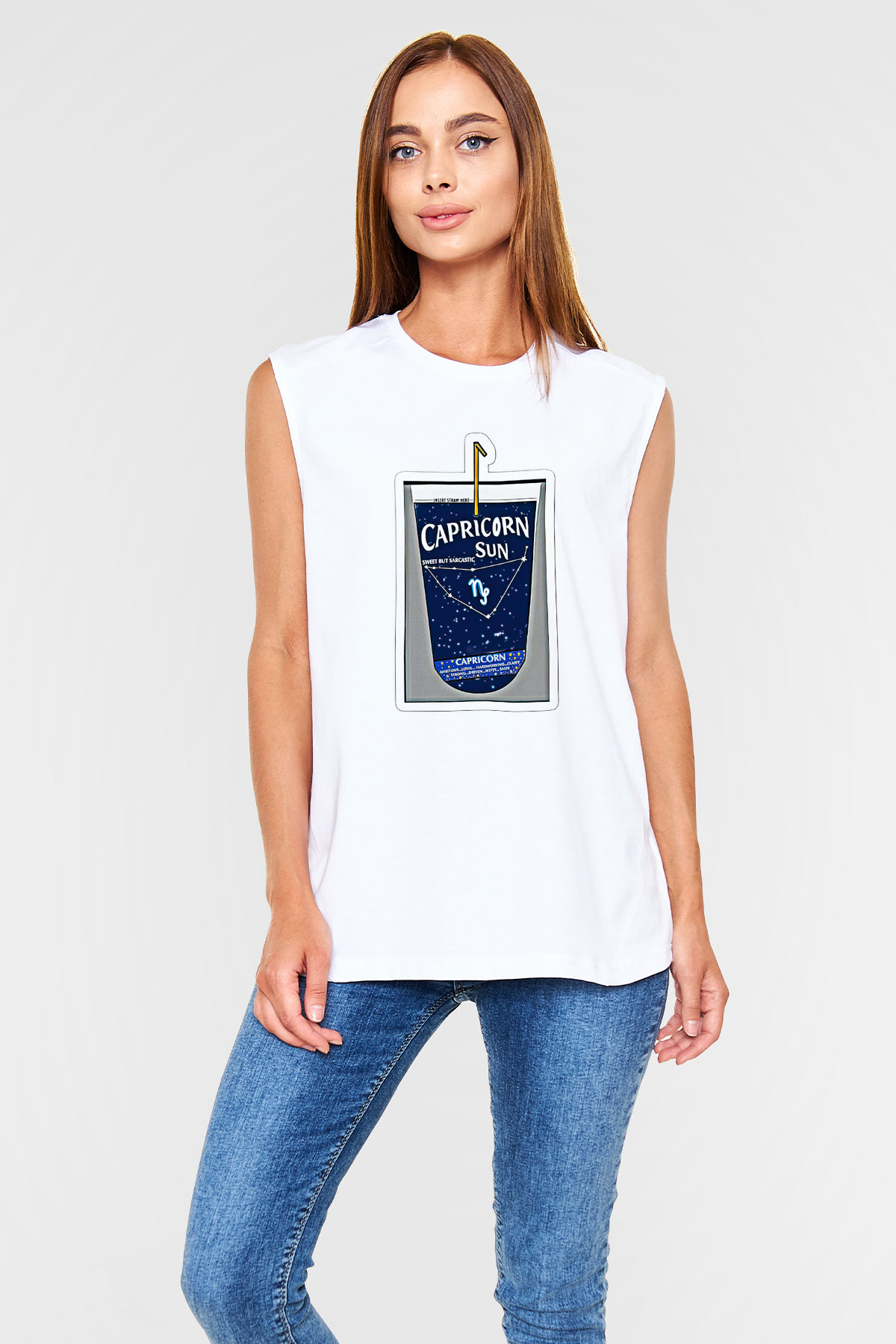 Oğlak Burcu Baskılı Beyaz Unisex Kolsuz Tişört - Tshirt