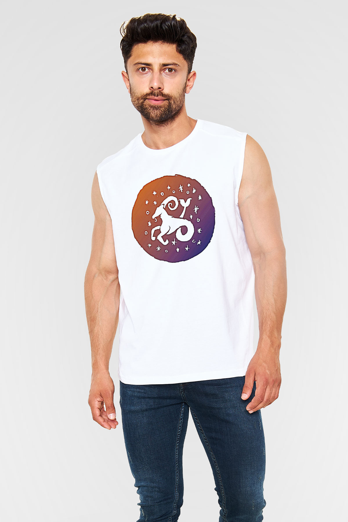 Oğlak Burcu Baskılı Beyaz Unisex Kolsuz Tişört - Tshirt