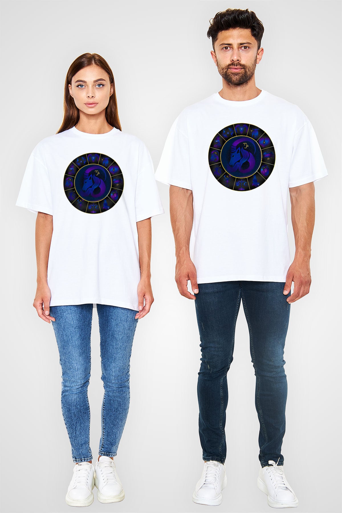Oğlak Burcu Baskılı Beyaz Unisex Oversize Tişört - Tshirt