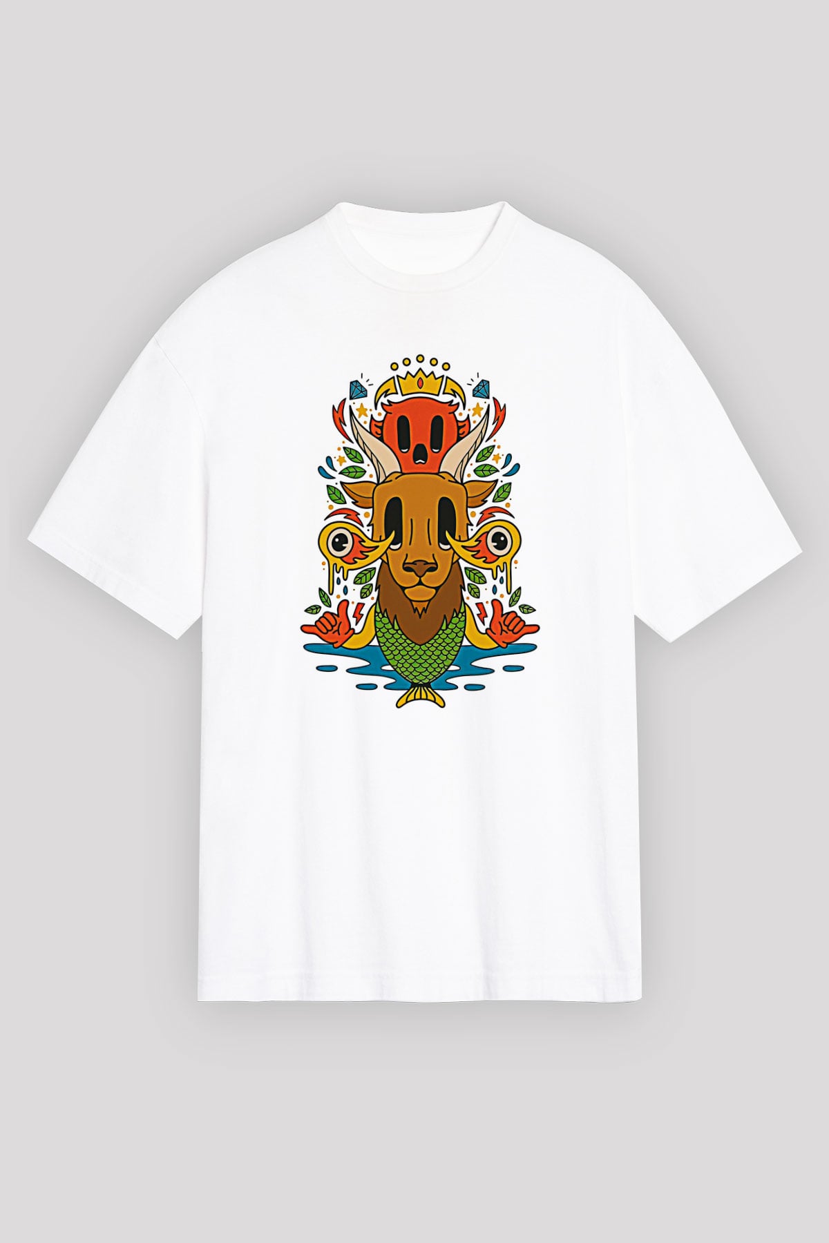 Oğlak Burcu Baskılı Beyaz Unisex Oversize Tişört - Tshirt