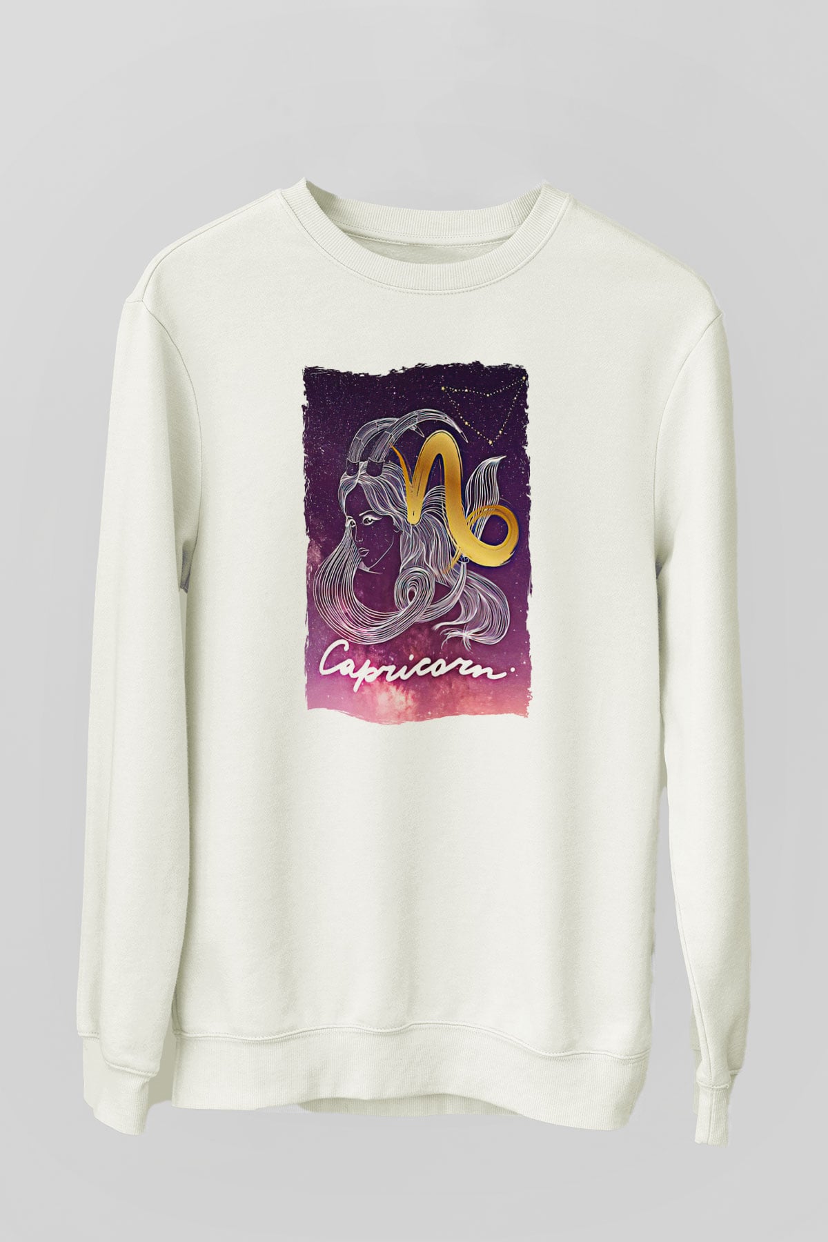 Oğlak Burcu Baskılı Beyaz Unisex Sweatshirt