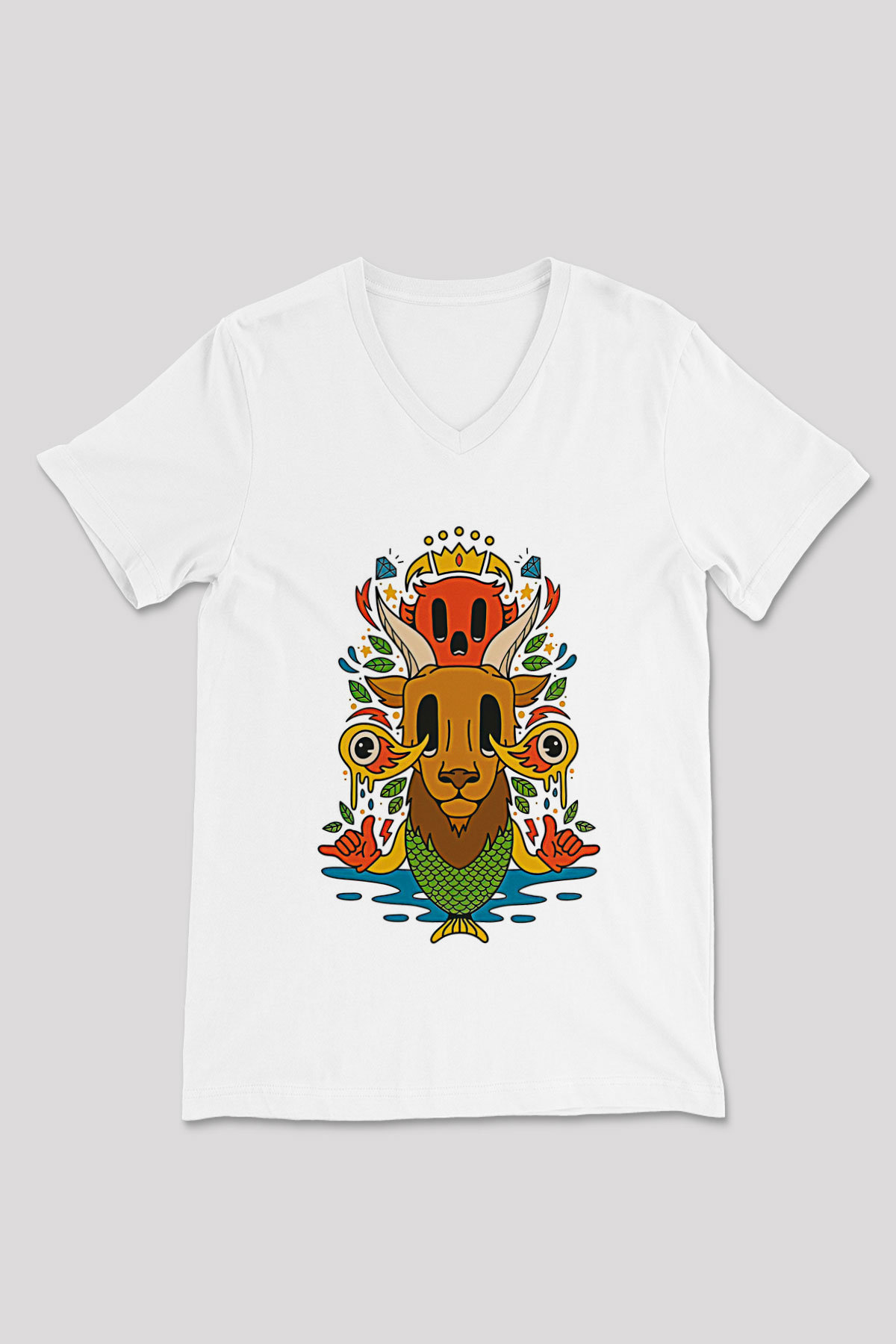 Oğlak Burcu Baskılı Beyaz Unisex V Yaka Tişört - Tshirt