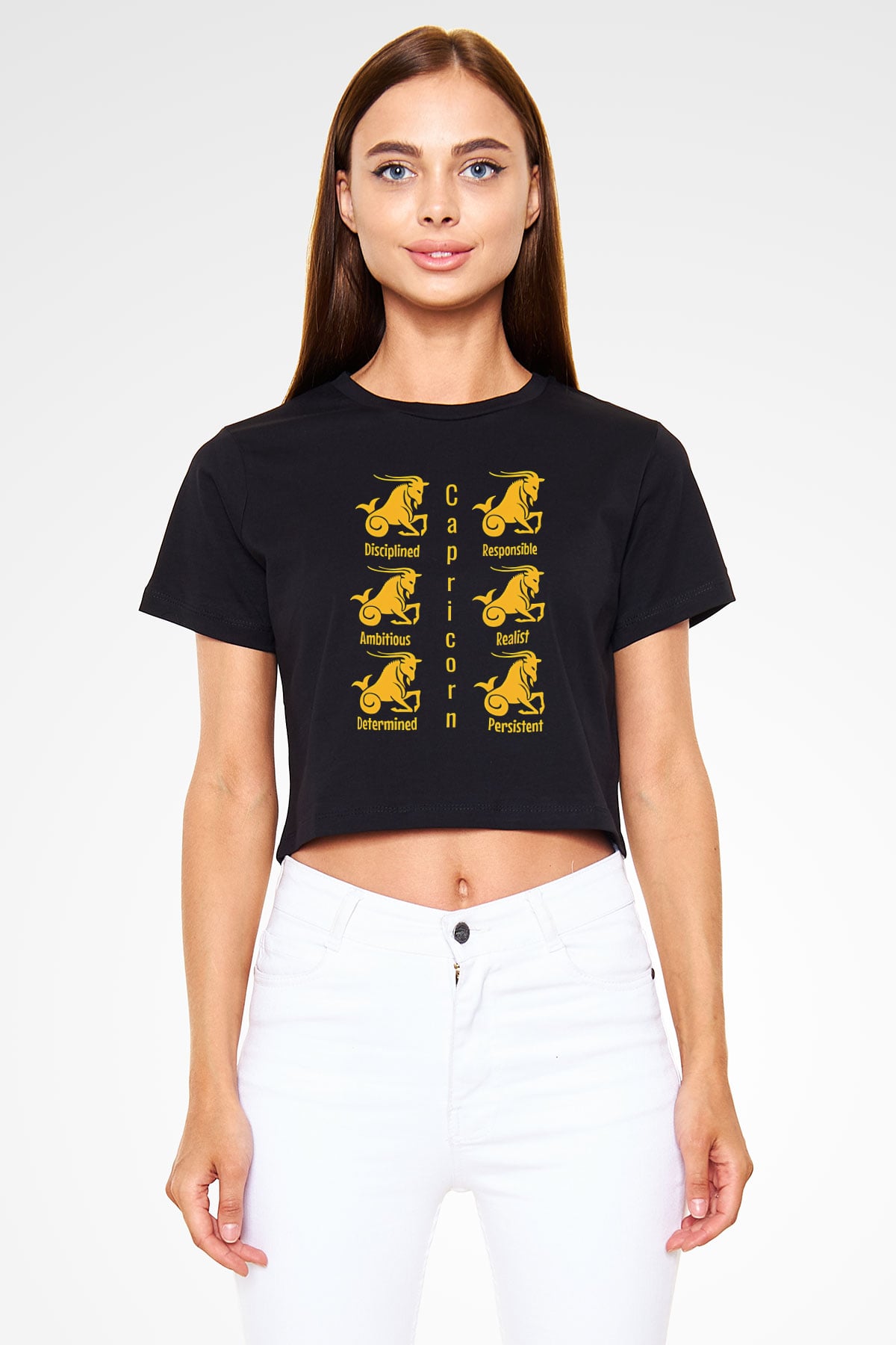 Oğlak Burcu Baskılı Siyah Crop Top Kadın Tişört - Tshirt
