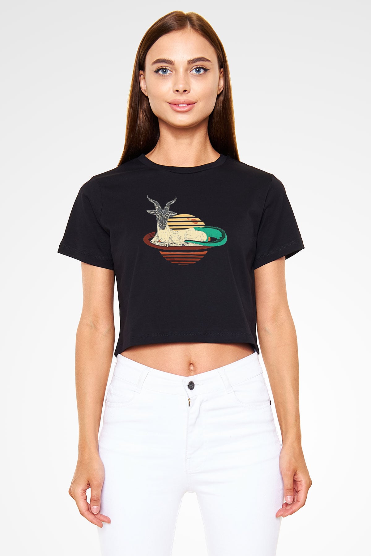 Oğlak Burcu Baskılı Siyah Crop Top Kadın Tişört - Tshirt