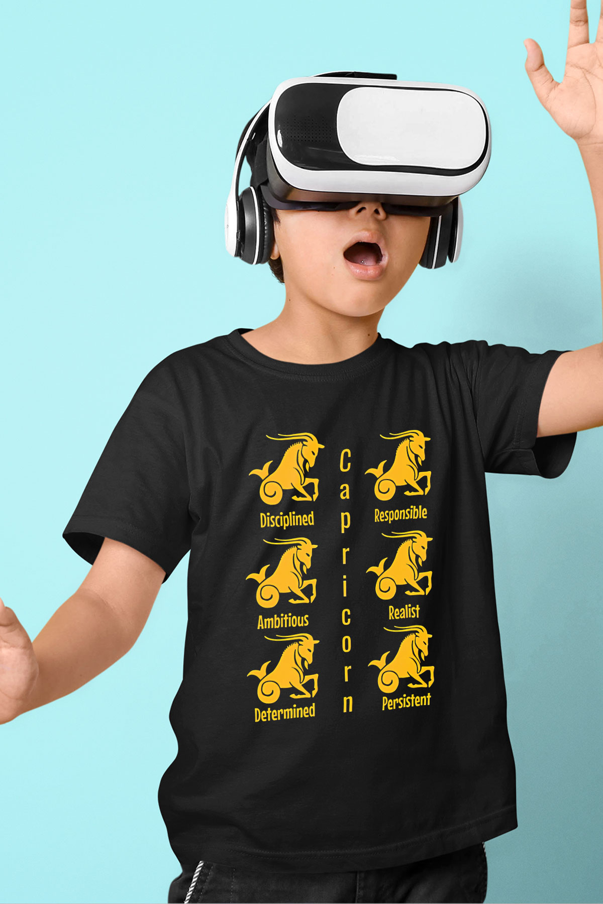 Oğlak Burcu Baskılı Unisex Siyah Çocuk Tişört - Tshirt