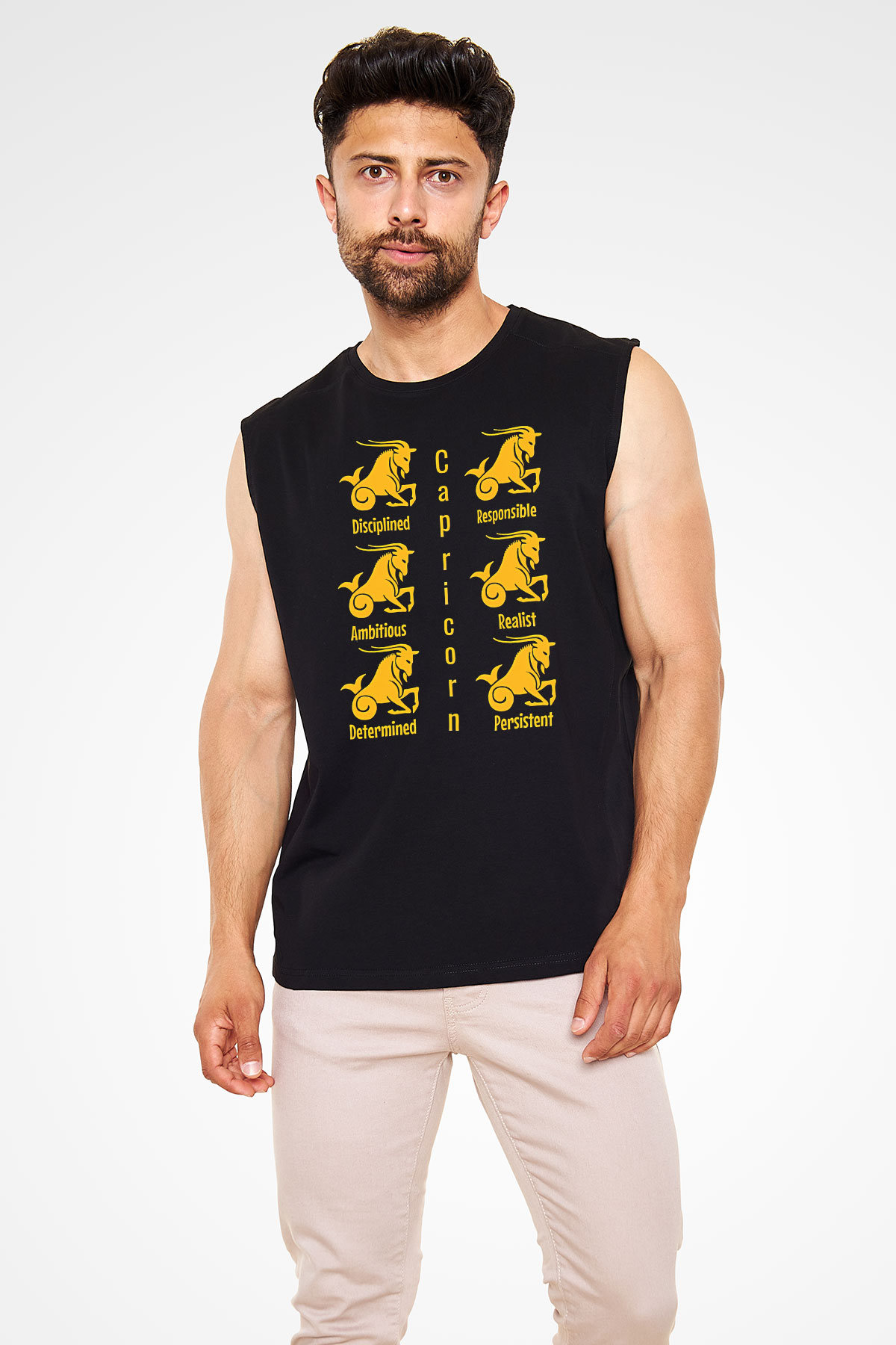 Oğlak Burcu Baskılı Unisex Siyah Kolsuz Tişört - Tshirt